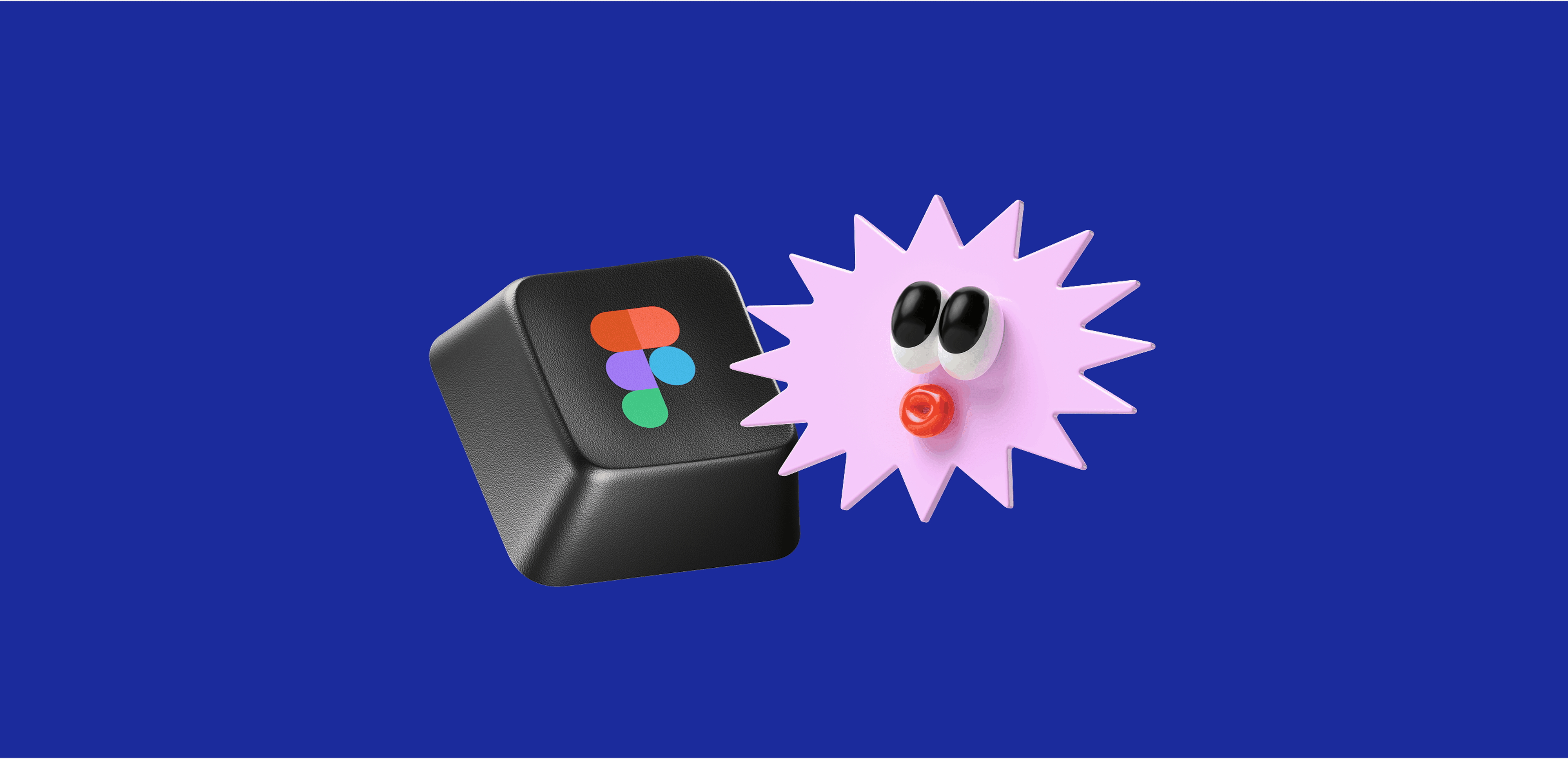 A 3D Figma logo keycap next to a spiky pink character with big eyes on a wide blue background, hero image for a guide on how to use mockups in Figma
