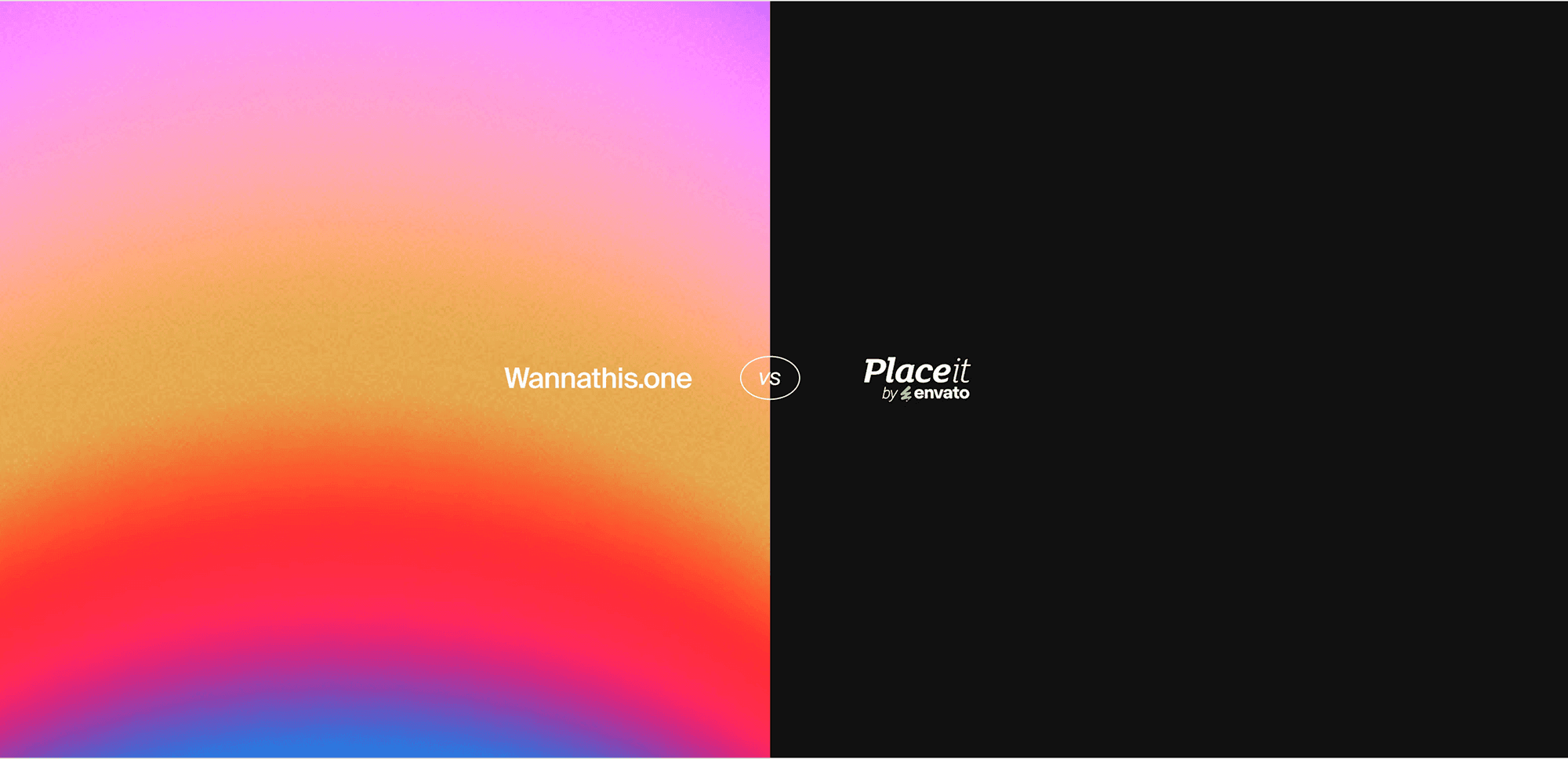 Colorful split background comparing Wannathis and Placeit mockup tools.
