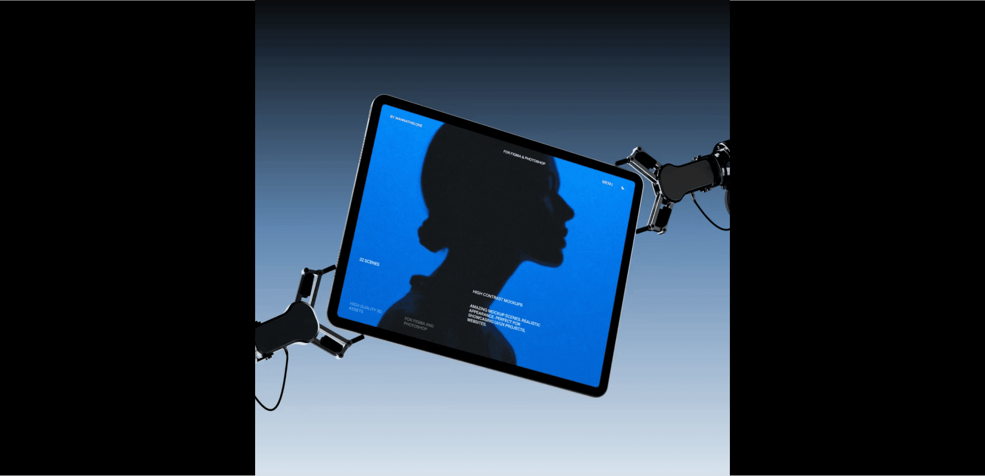 High-contrast tablet mockup by Wannathis with robotic arms holding screen displaying blue silhouette design"