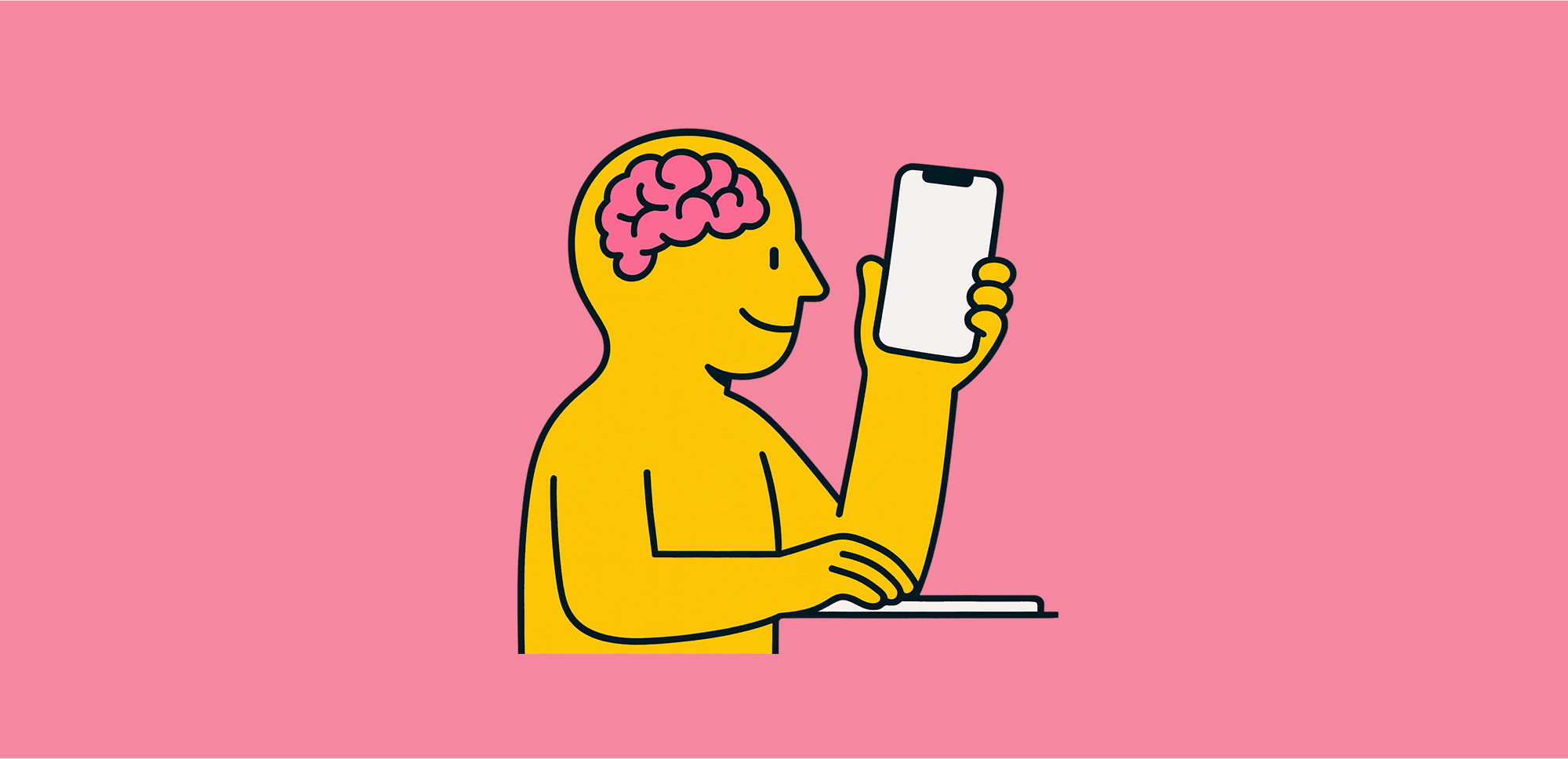 Illustration of a person holding a smartphone with brain activity, concept of design psychology and mockup presentation