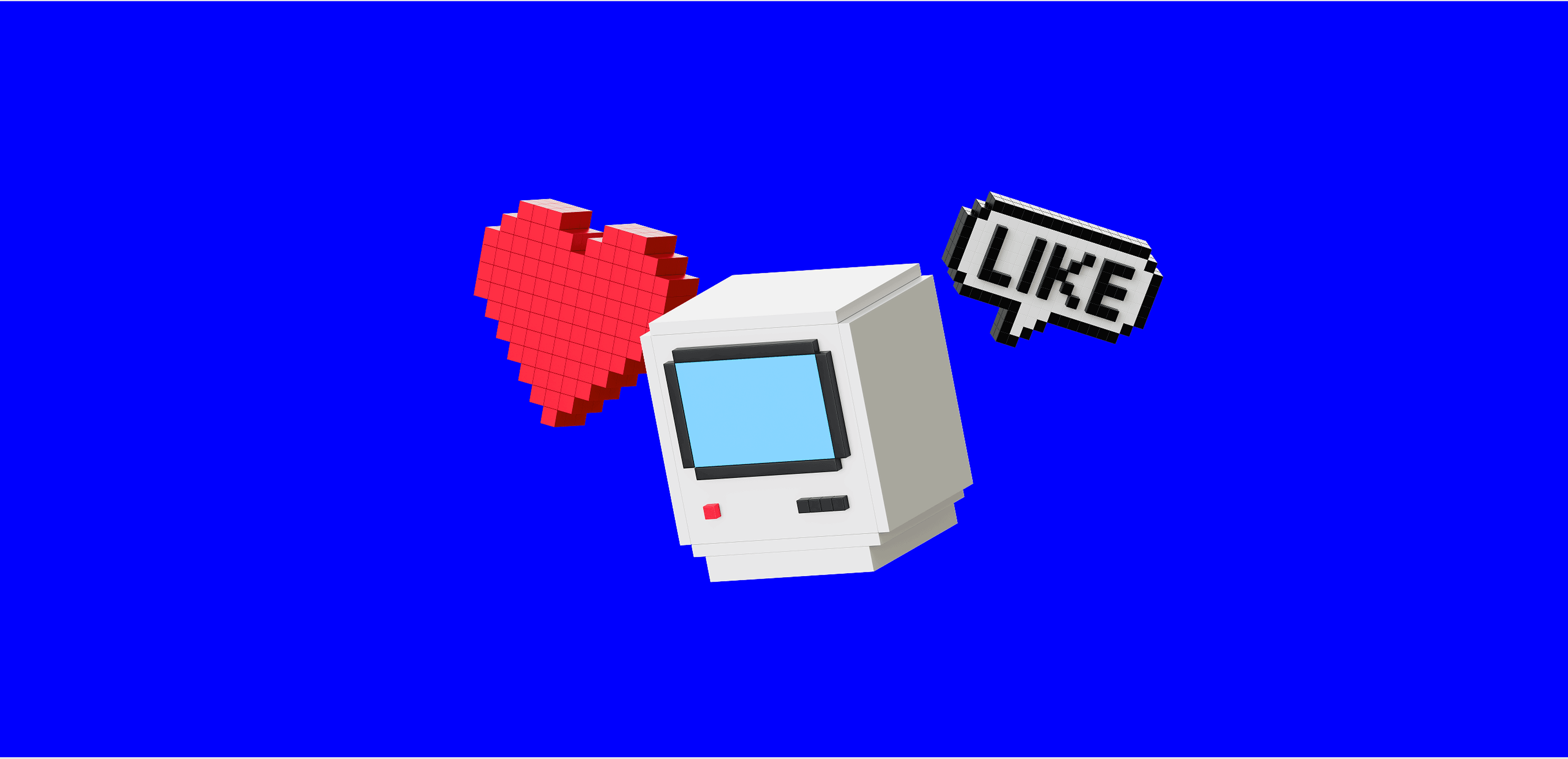 3D pixel heart, vintage computer, and like icon on blue background illustrating digital brand connection
