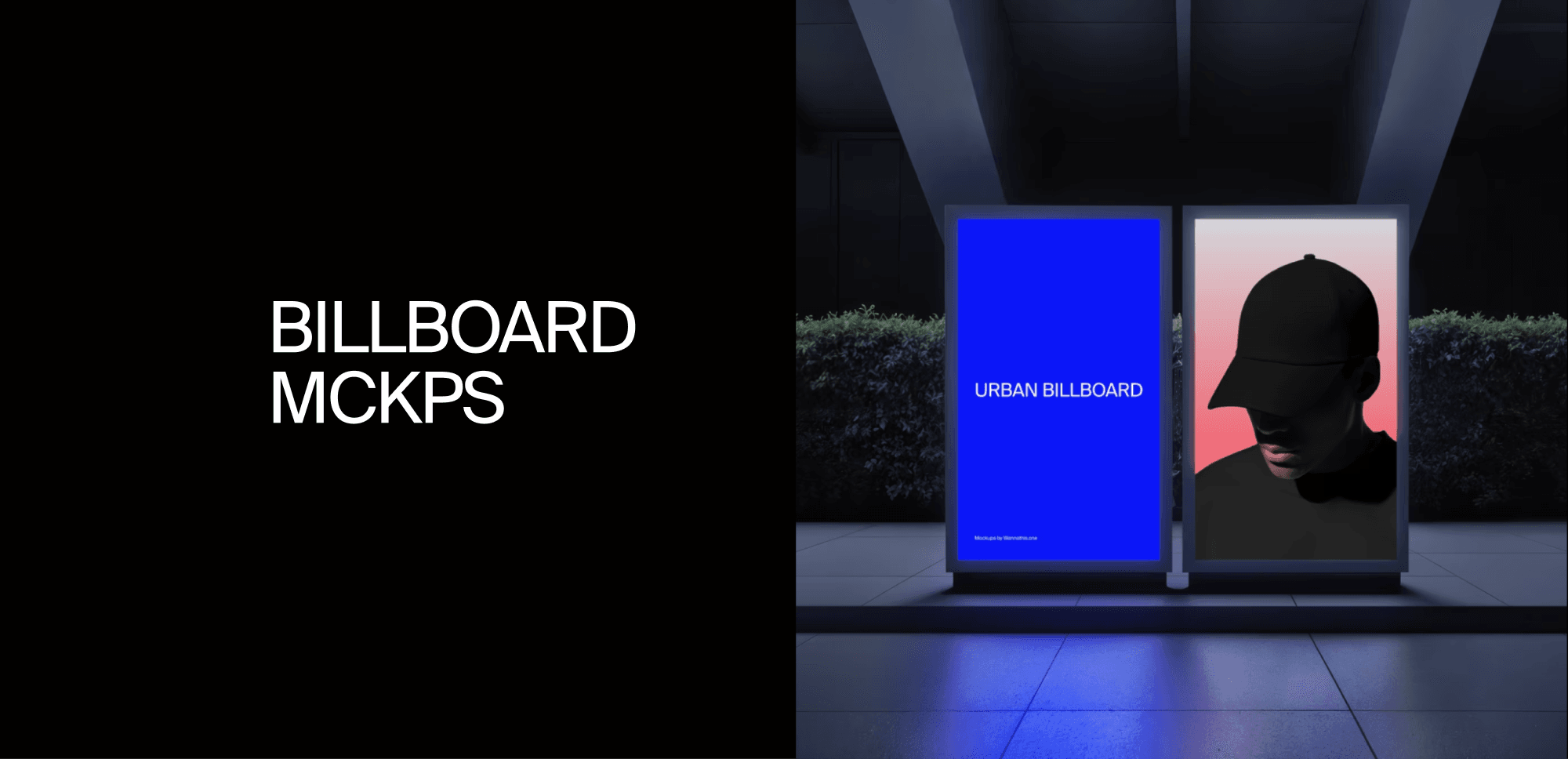 Urban billboard mockup at night with glowing blue screen and portrait poster. Realistic outdoor advertising design by Wannathis