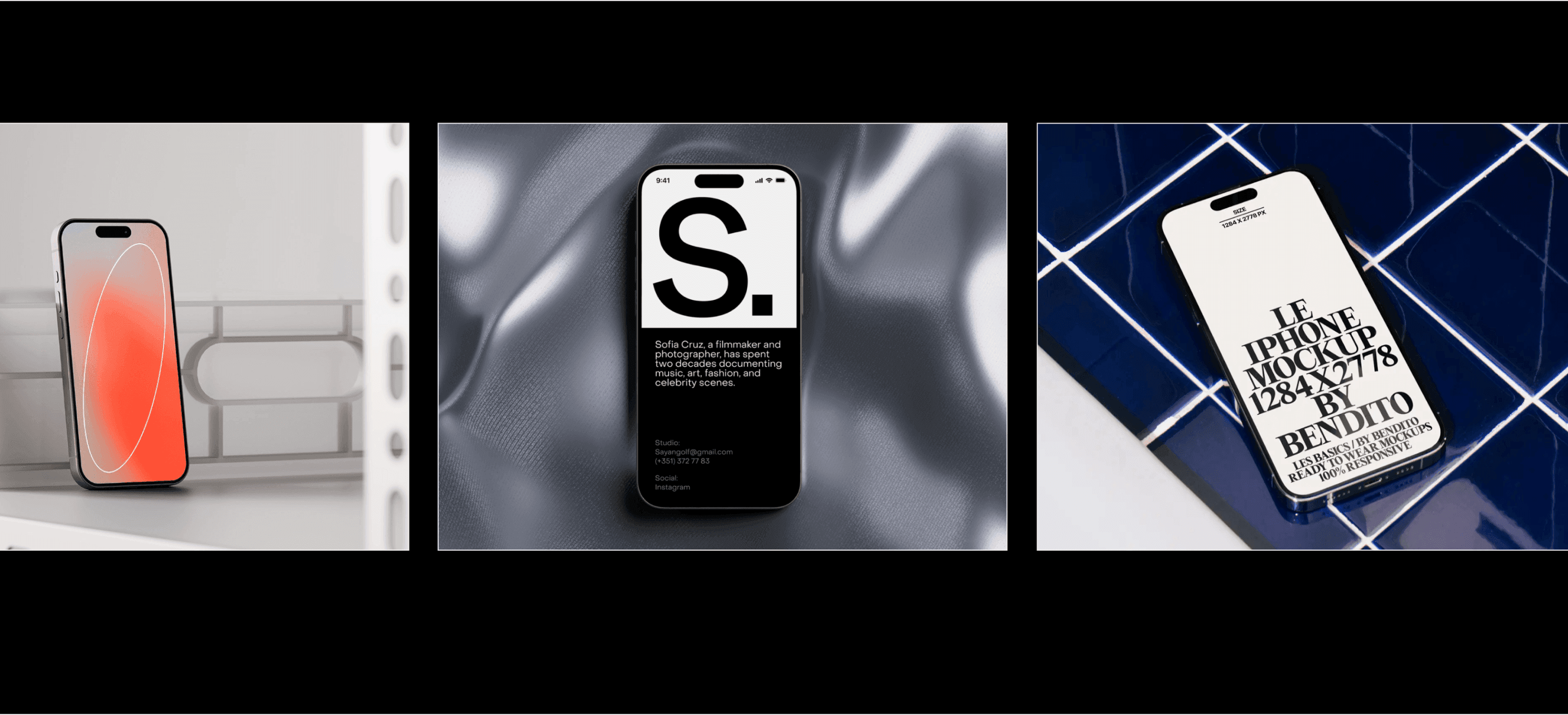 Set of three iPhone mockups with different screen designs displayed on modern backgrounds including white shelf, metallic fabric, and blue ceramic tiles