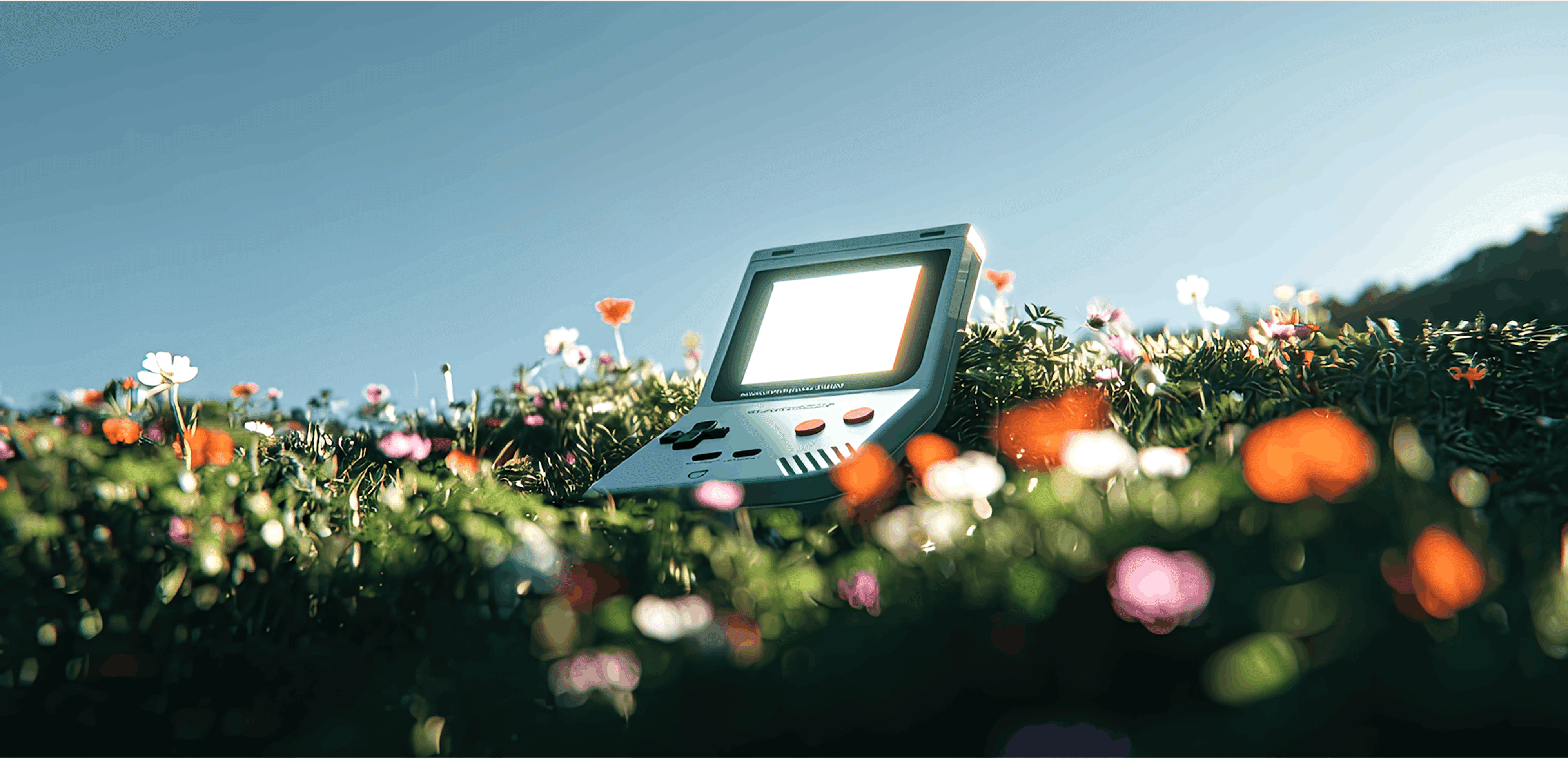 Vintage style handheld gaming device in meadow with soft film grain nostalgic branding concept