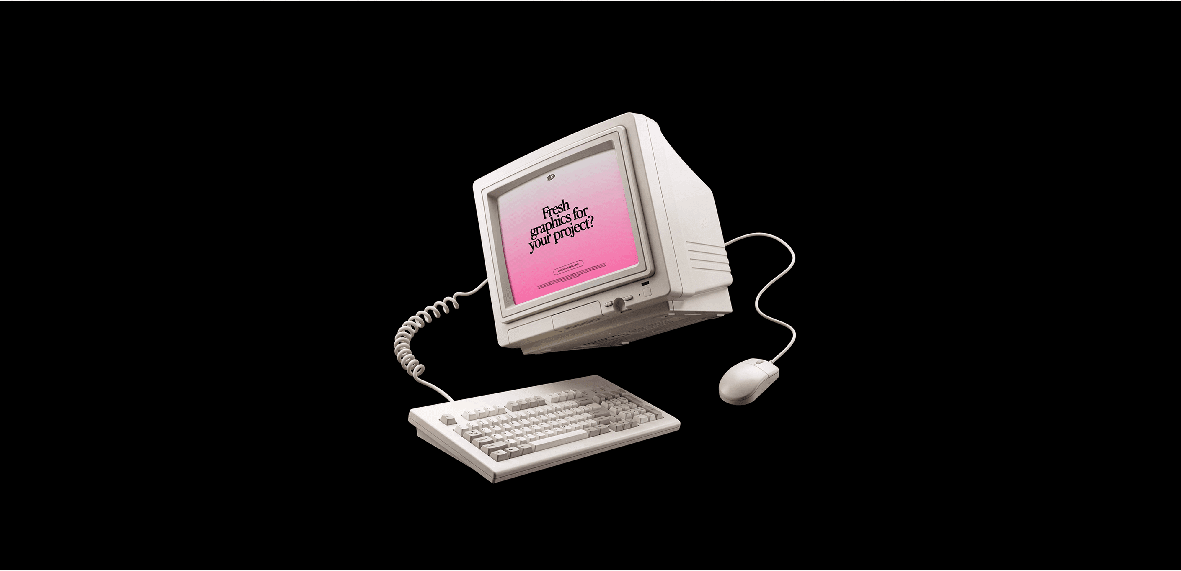 Retro CRT computer, keyboard and mouse on black, pink screen reading Fresh graphics for your project, hero image for an article explaining what a mockup is