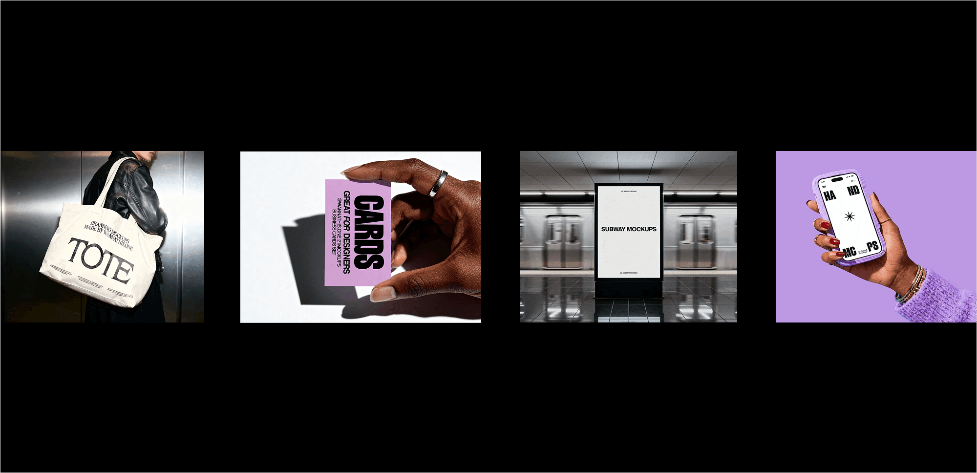 Collection of realistic branding mockups showing tote bag, business card, subway poster and iPhone