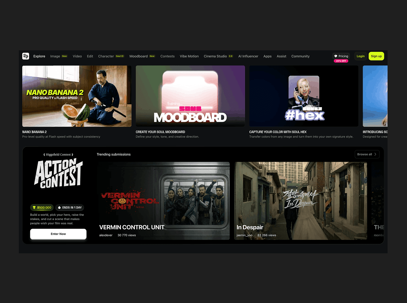 AI video creation platform interface with contest showcase and trending film submissions