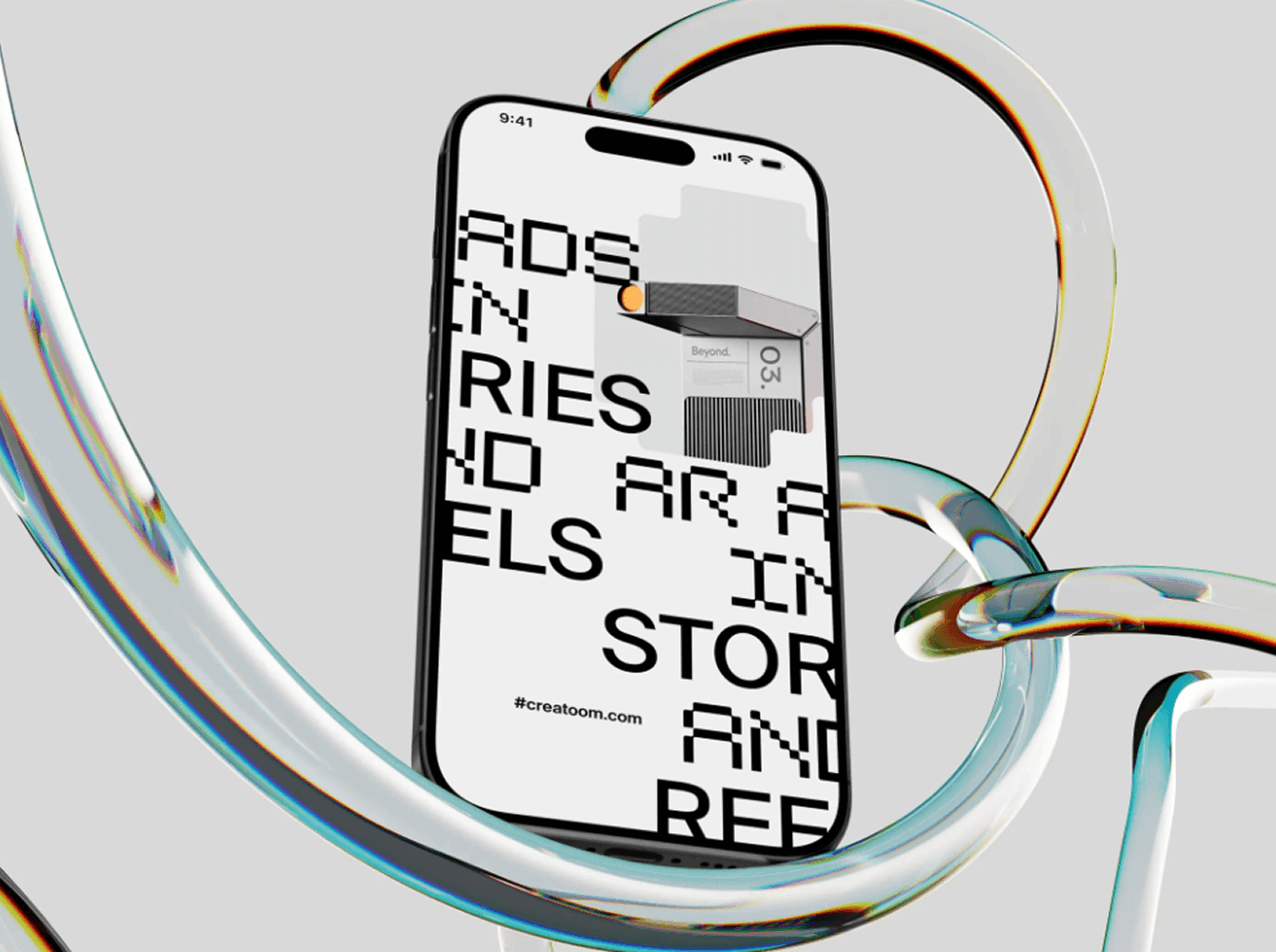 iPhone 16 pro mockup with bold black typography on screen surrounded by glossy transparent 3D tubes