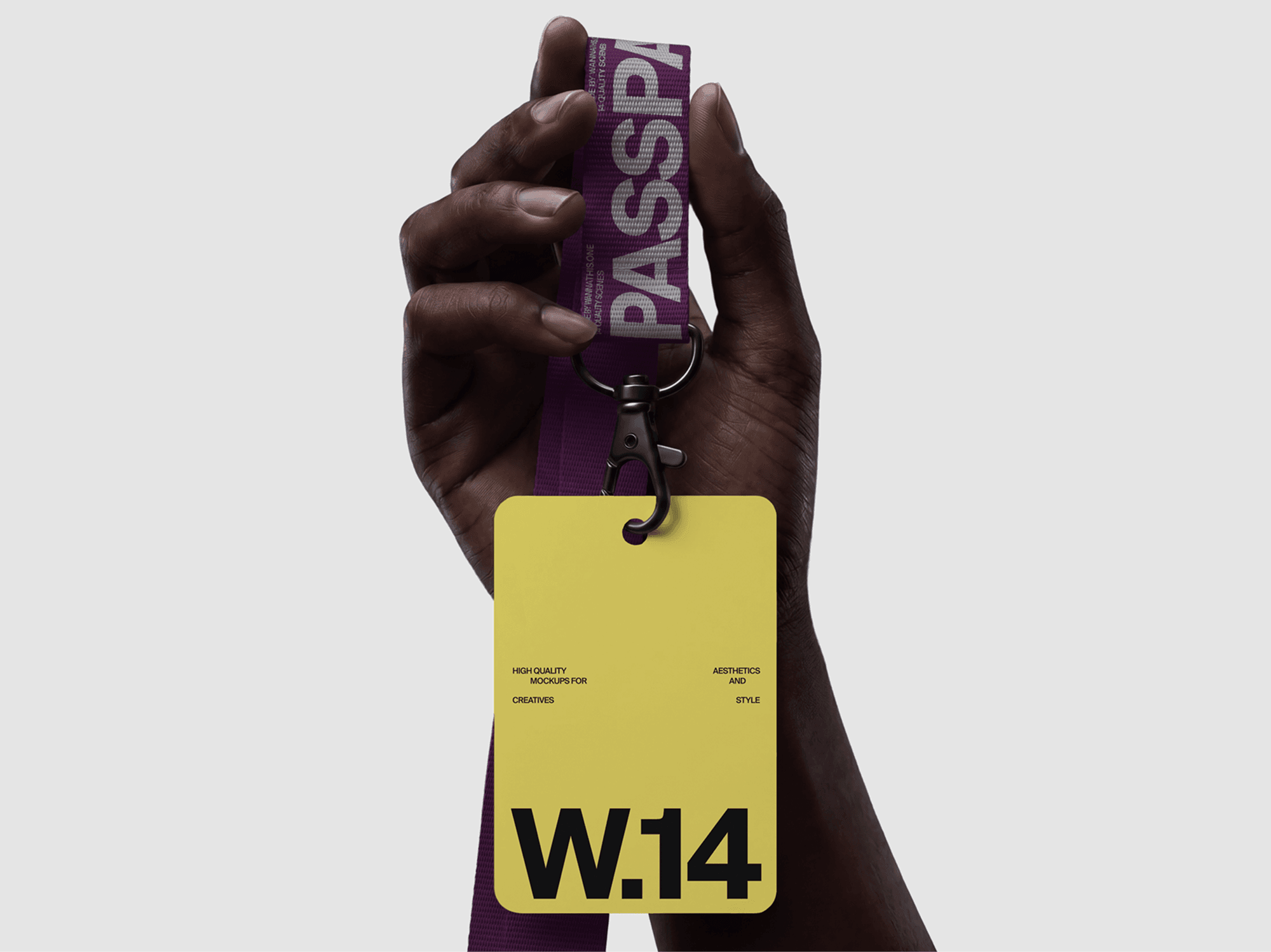 Person holding a branded lanyard mockup with attached event pass card in a refined studio composition scene