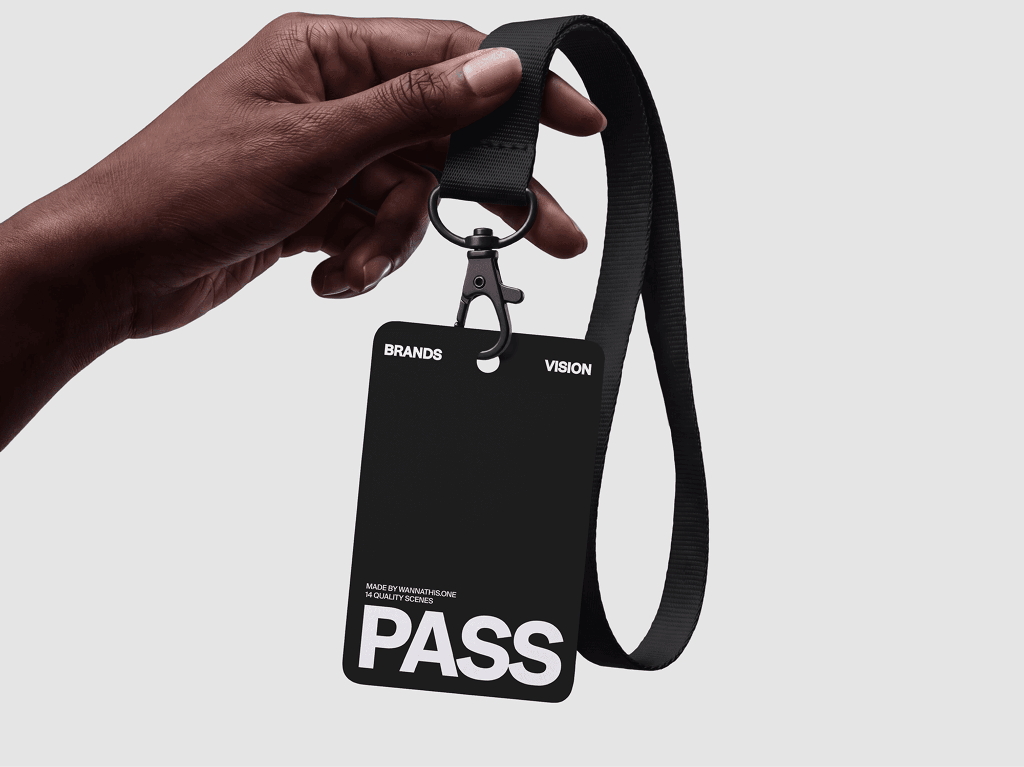 ID badge mockup held by hand with a hanging branded lanyard in a clean refined studio composition scene
