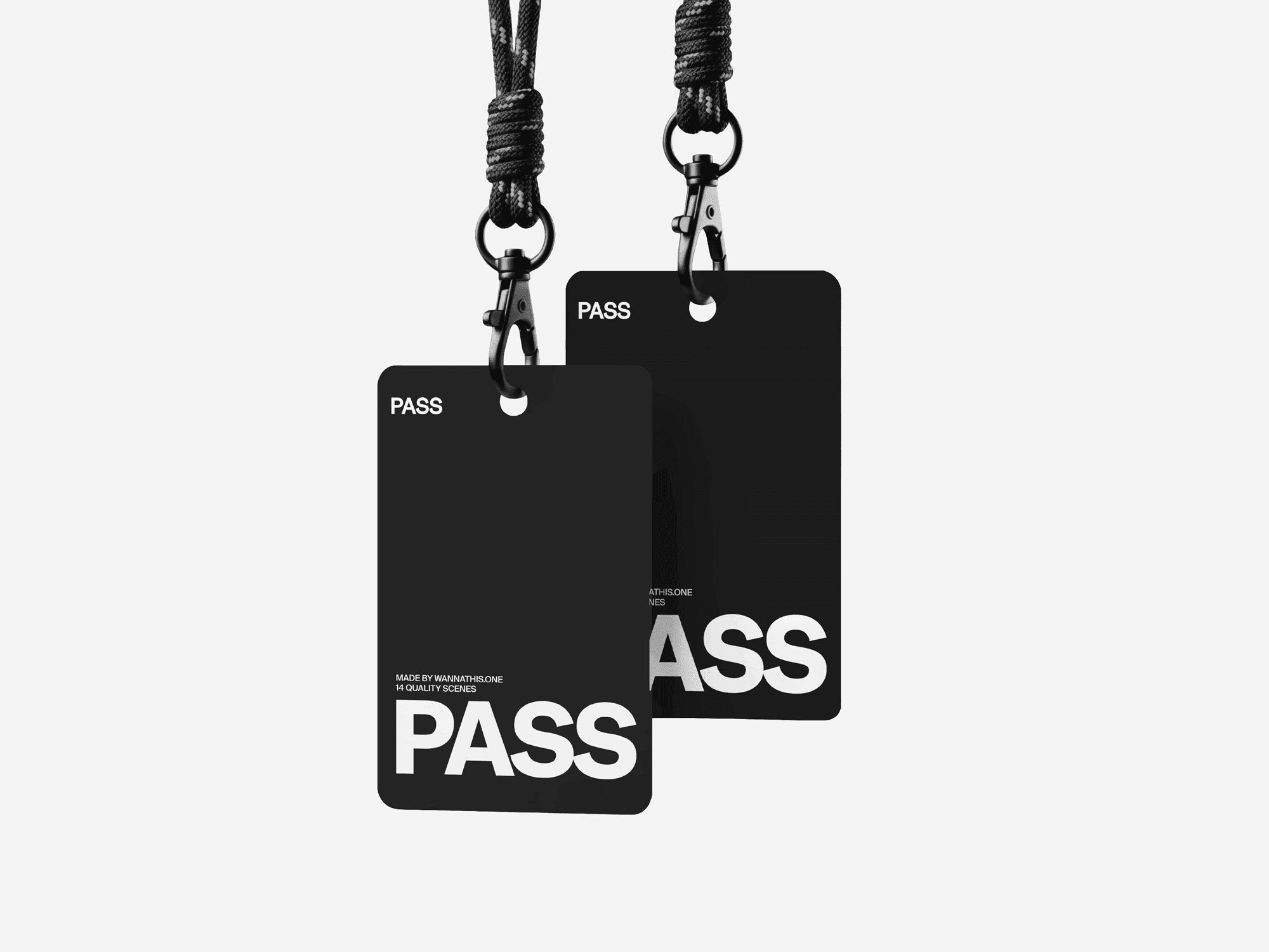 Two pass card mockups hanging from refined cords in a clean modern studio setup composition scene