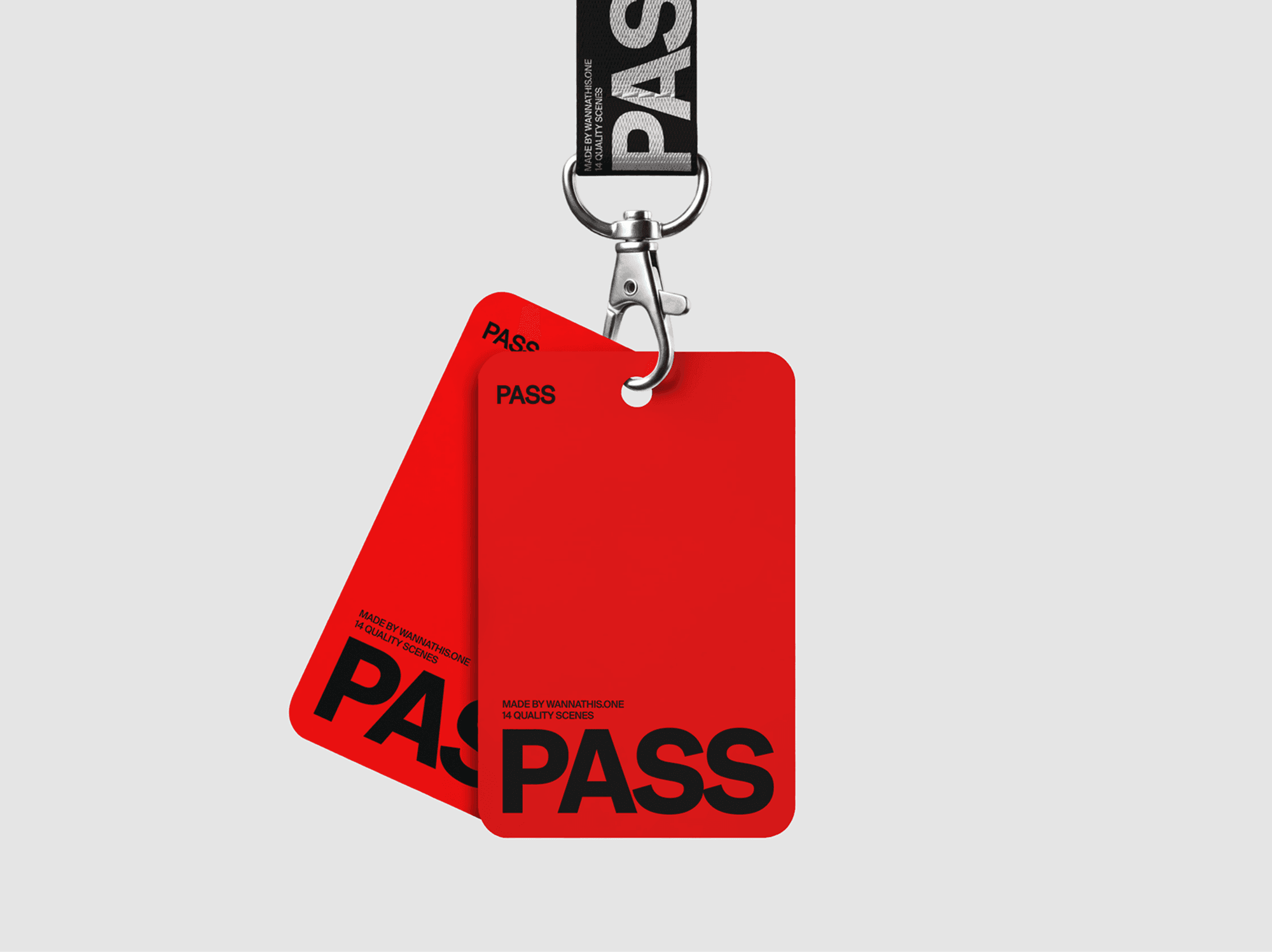 Two ID card mockups attached to a single lanyard in a refined floating studio presentation scene