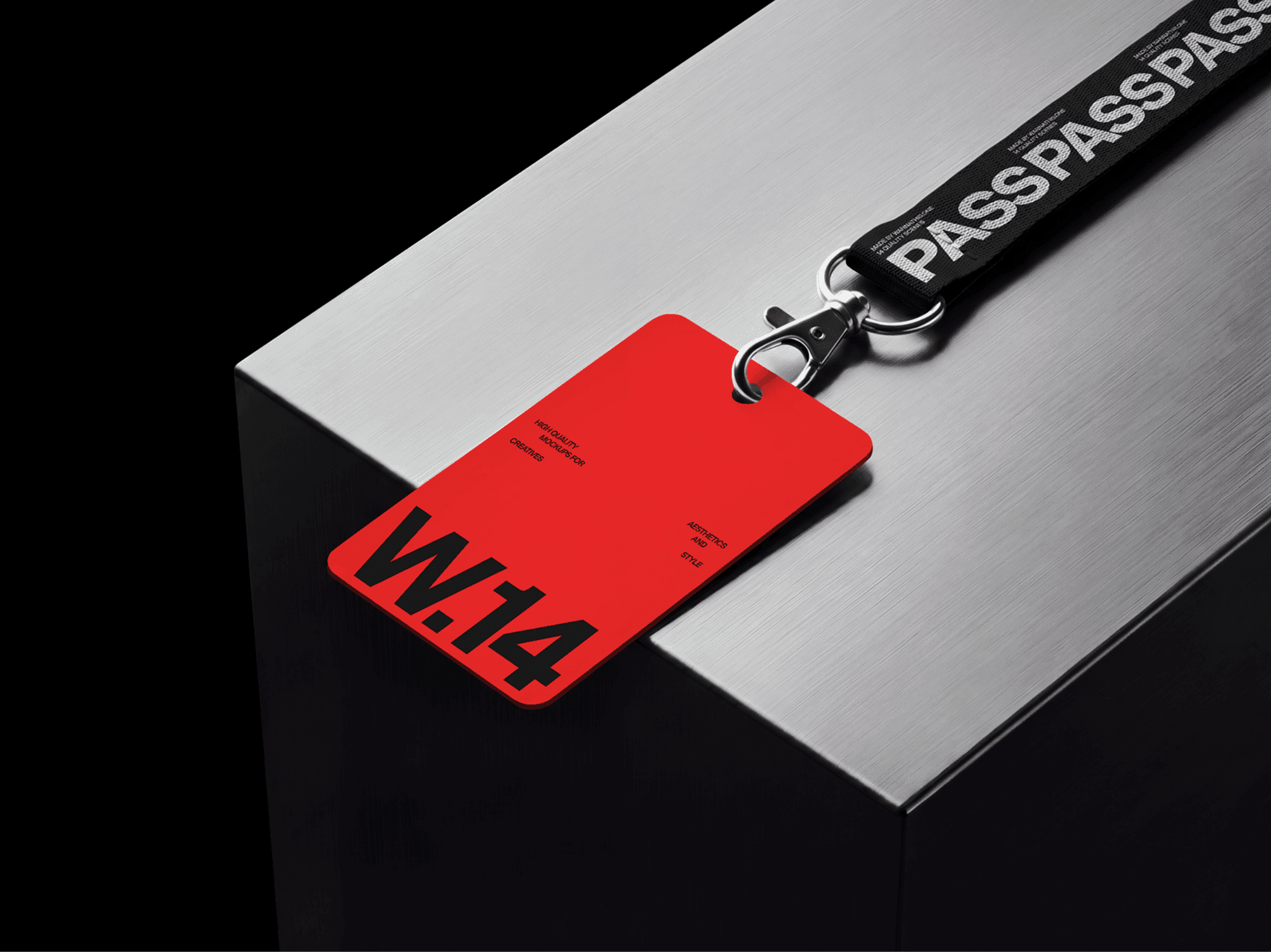 ID card mockup placed on a brushed metal display block in a refined modern studio composition scene