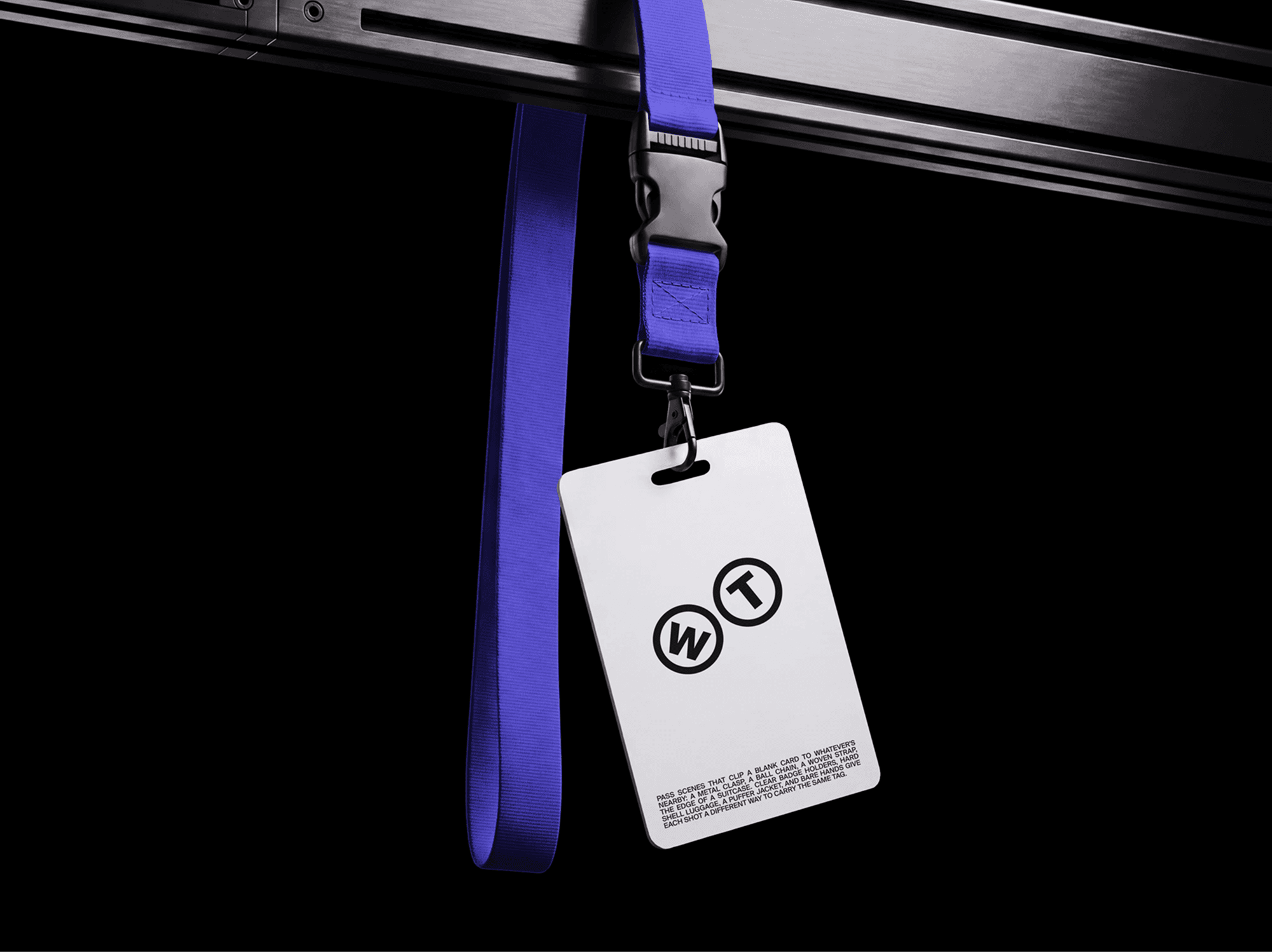 Pass card mockup hanging from a lanyard attached to a refined display frame in a clean studio scene