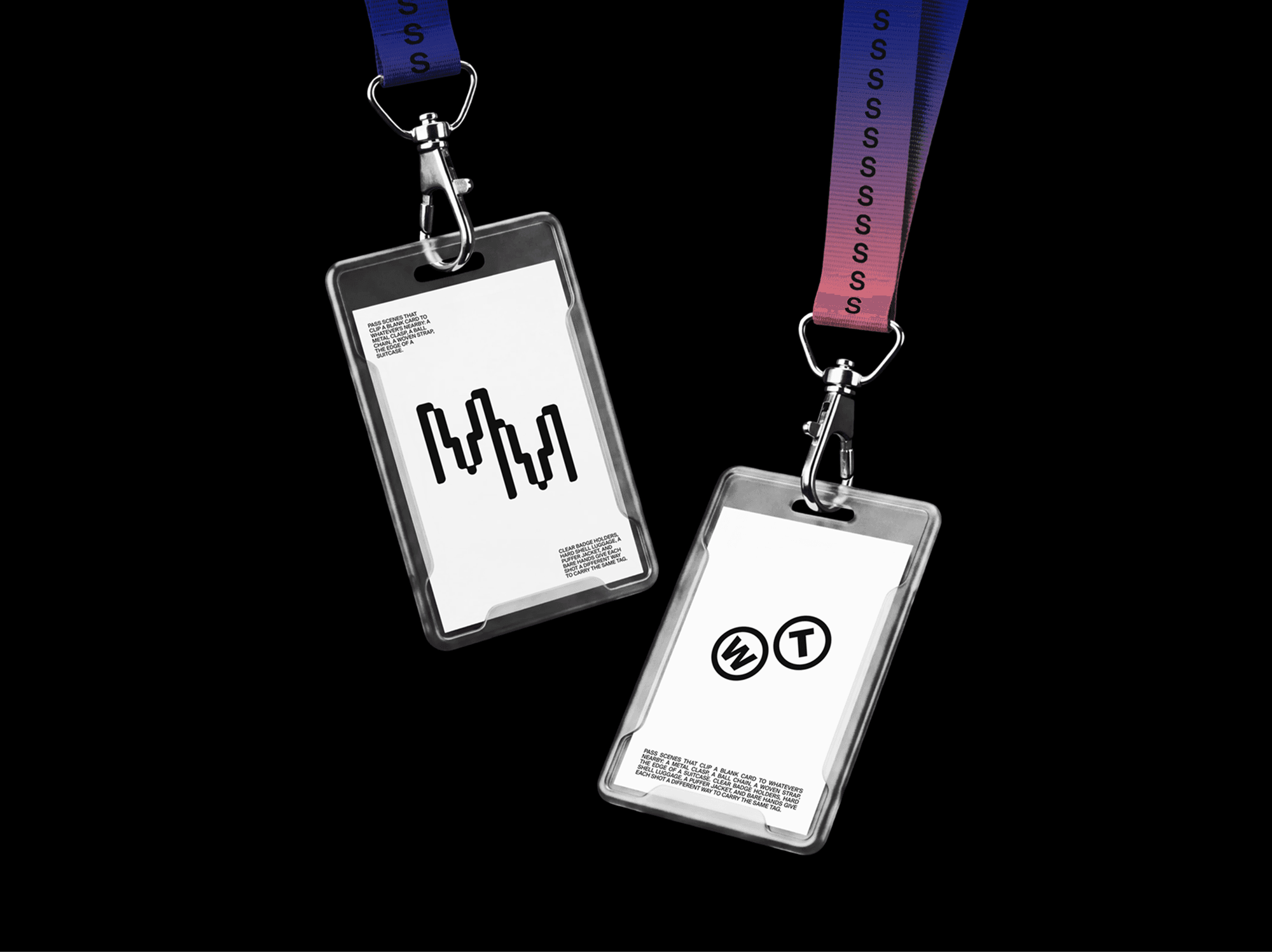 Two badge holder mockups suspended from lanyards in a refined floating studio dual presentation scene