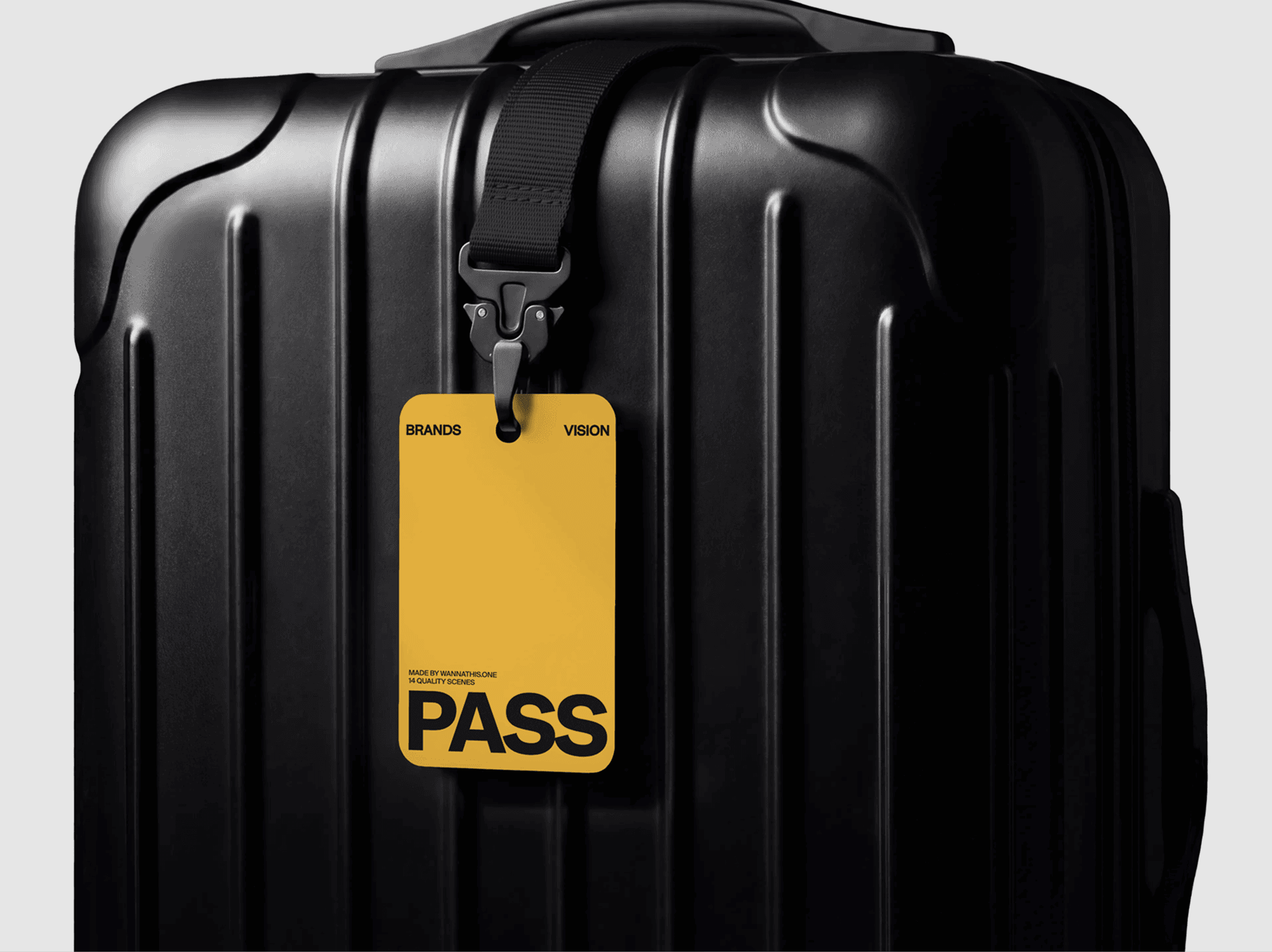 Event pass mockup attached to a refined suitcase handle with a strap in a casual travel lifestyle scene