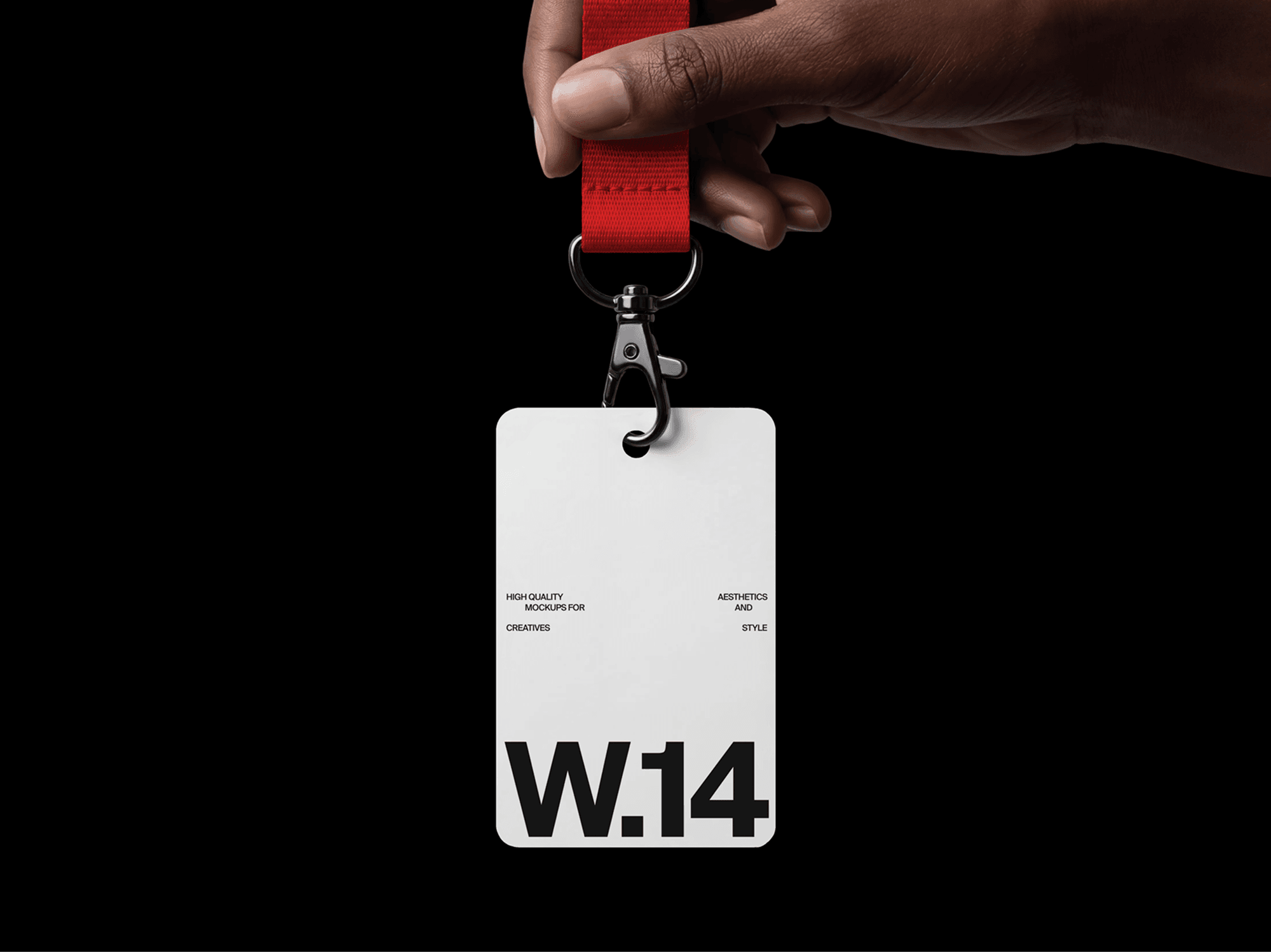 Person holding an event pass mockup with attached lanyard in a clean refined studio composition scene