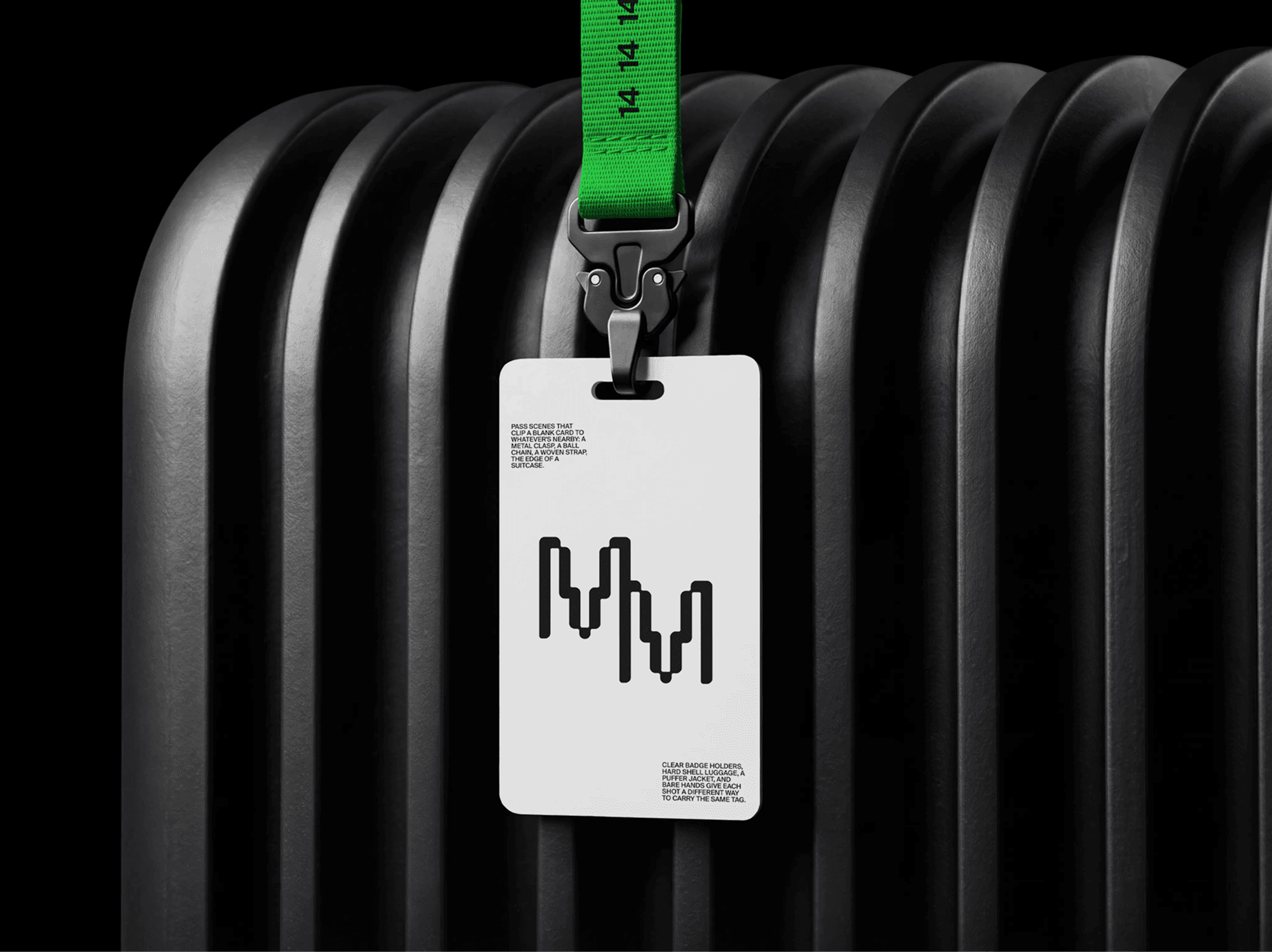 ID card mockup attached to a refined suitcase with a branded lanyard in a casual travel lifestyle scene