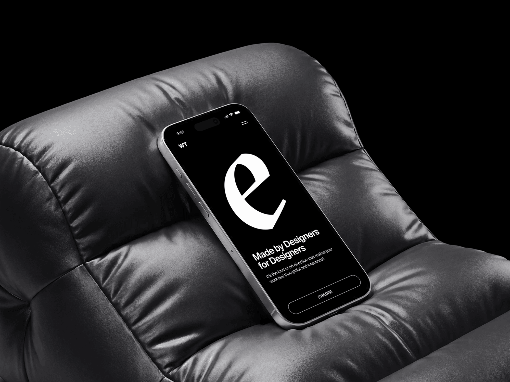 Inflatable armchair with an iPhone mockup propped against the seat back