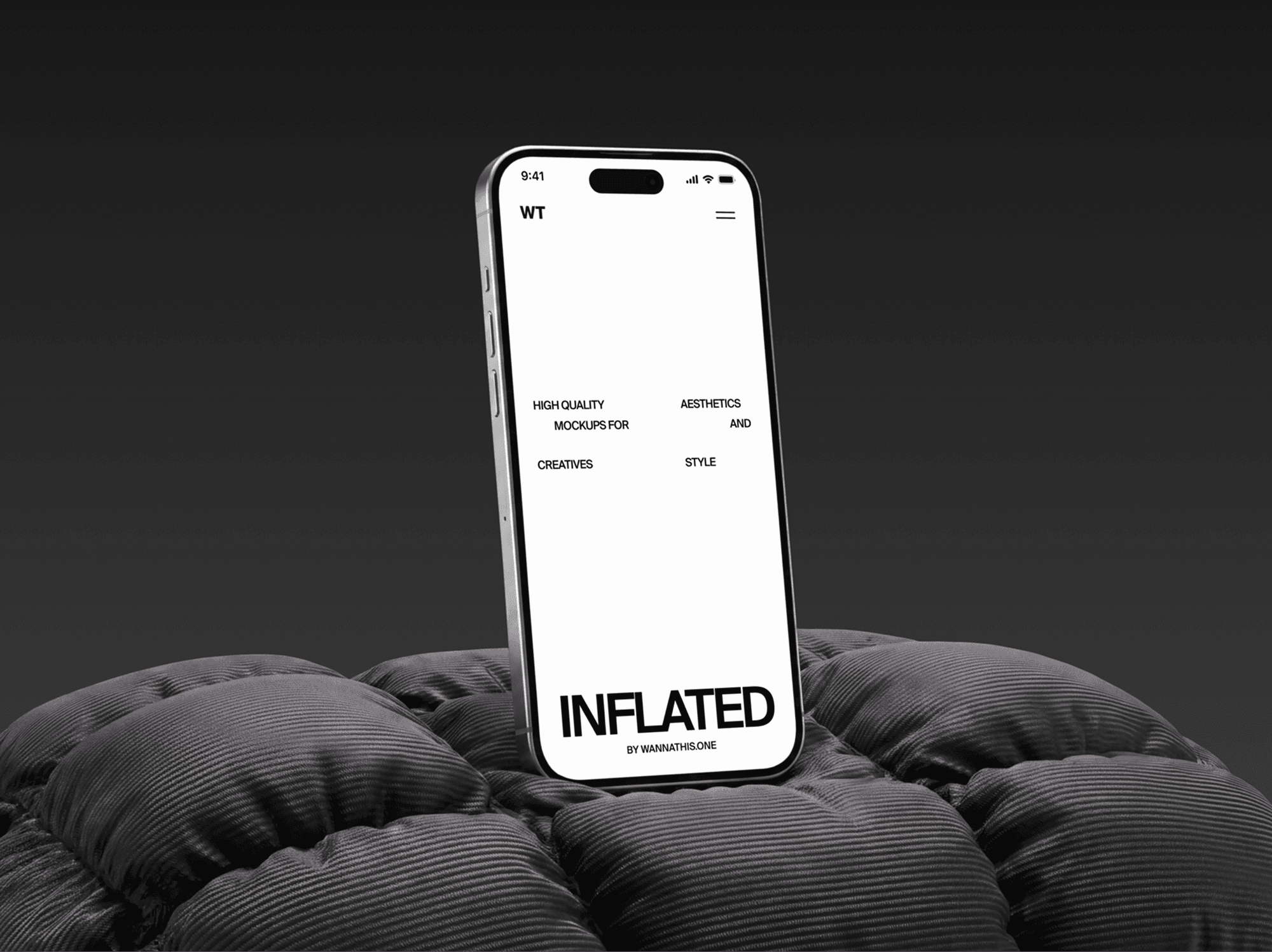 Rounded inflatable pillow with an iPhone mockup standing on the top surface