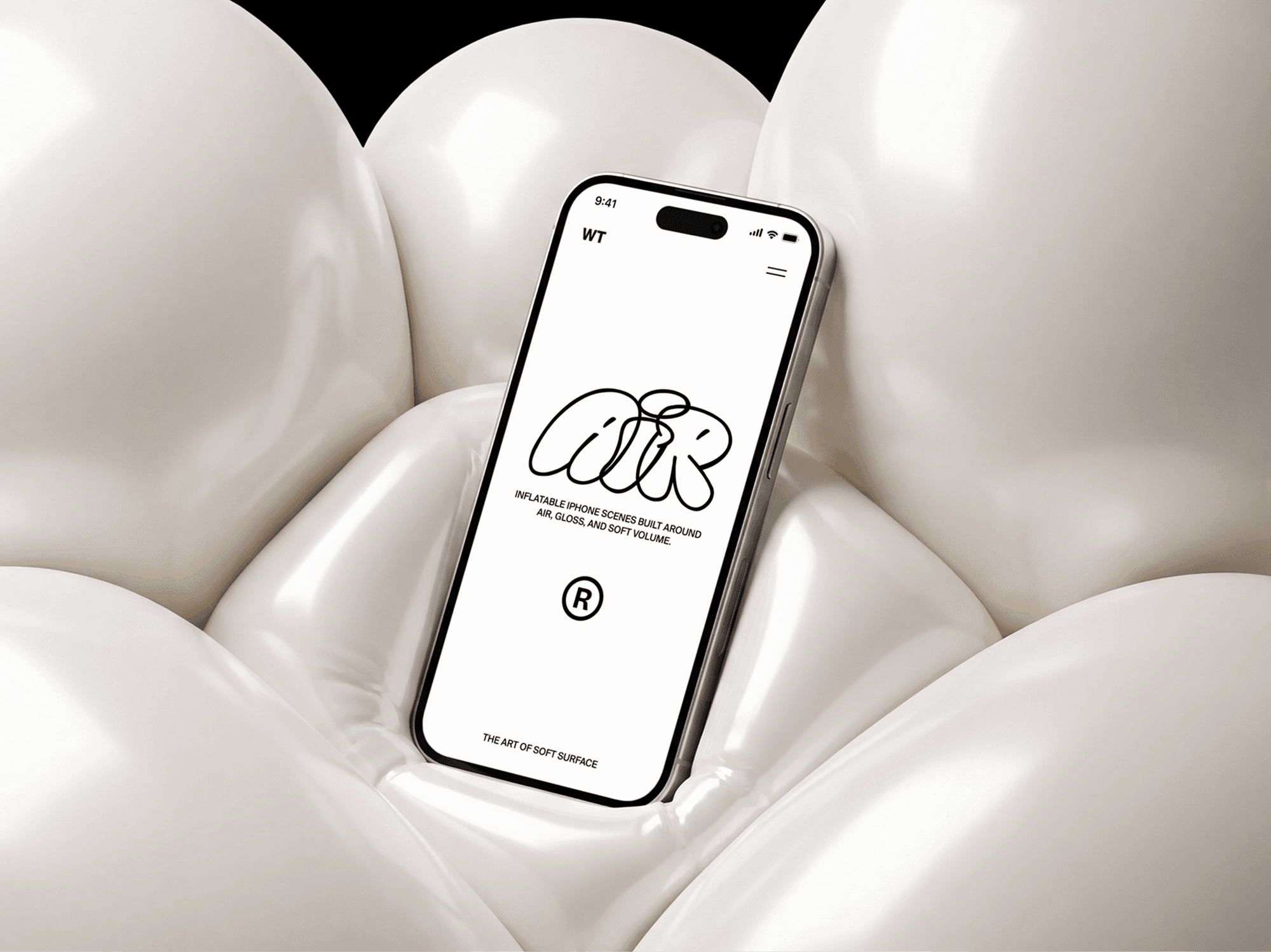 Glossy inflatable surface with an iPhone mockup resting on the rounded folds