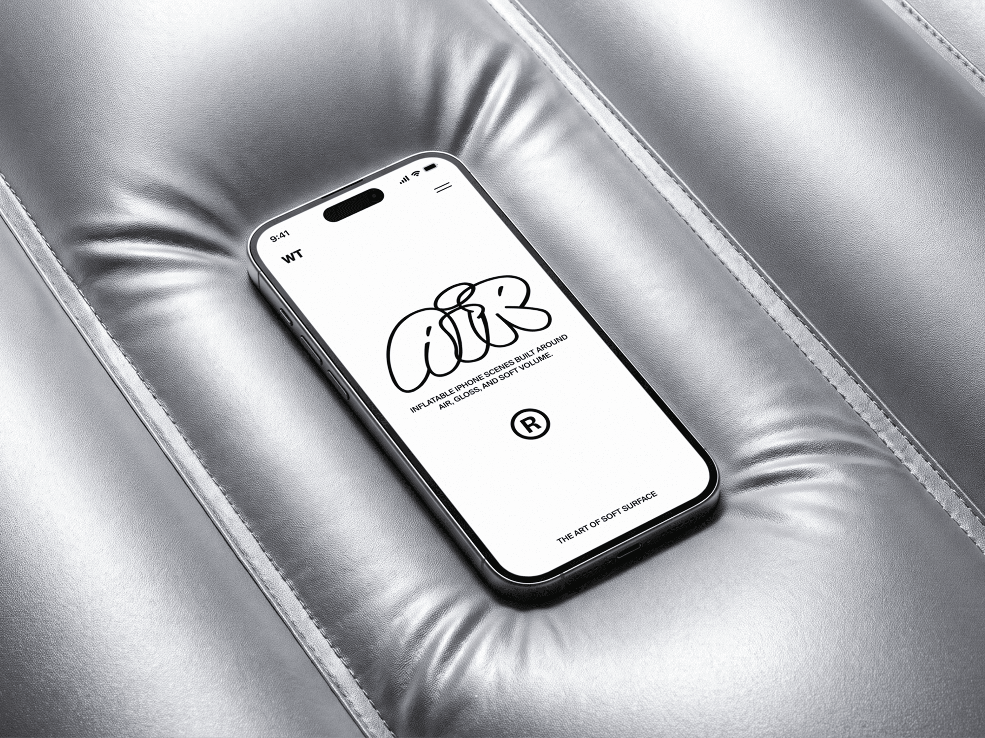 Inflatable cushion holding an iPhone mockup lying flat with rounded folds around it