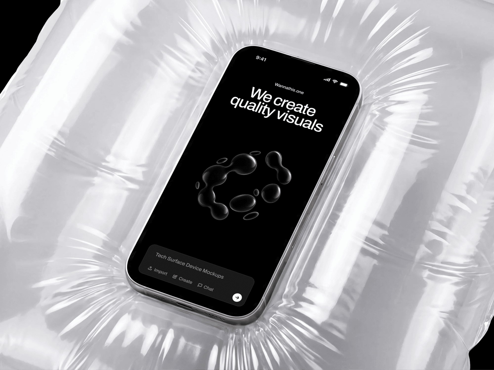 Transparent inflatable form with visible air seams supporting an iPhone mockup