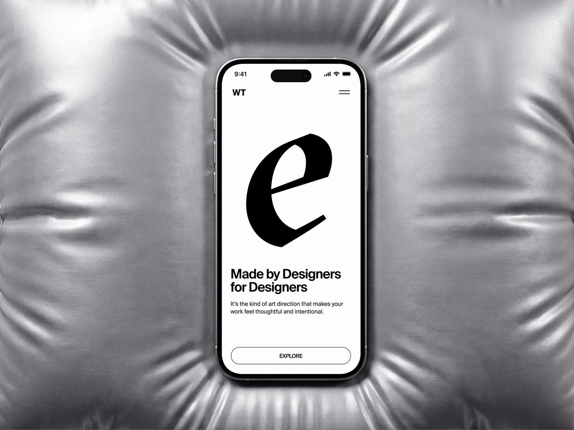 Front view iPhone mockup centred on an inflatable cushion with soft seams