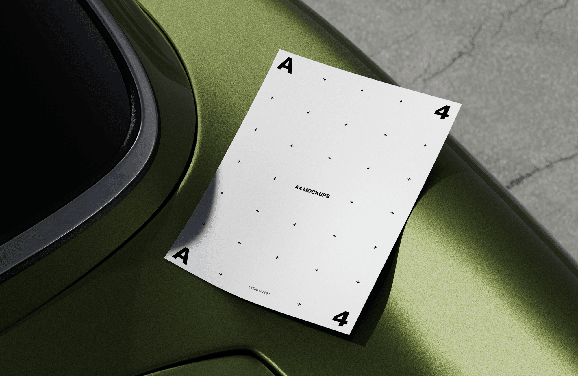 Free A4 paper mockup placed on a reflective green curved surface, ideal for branding or editorial presentations
