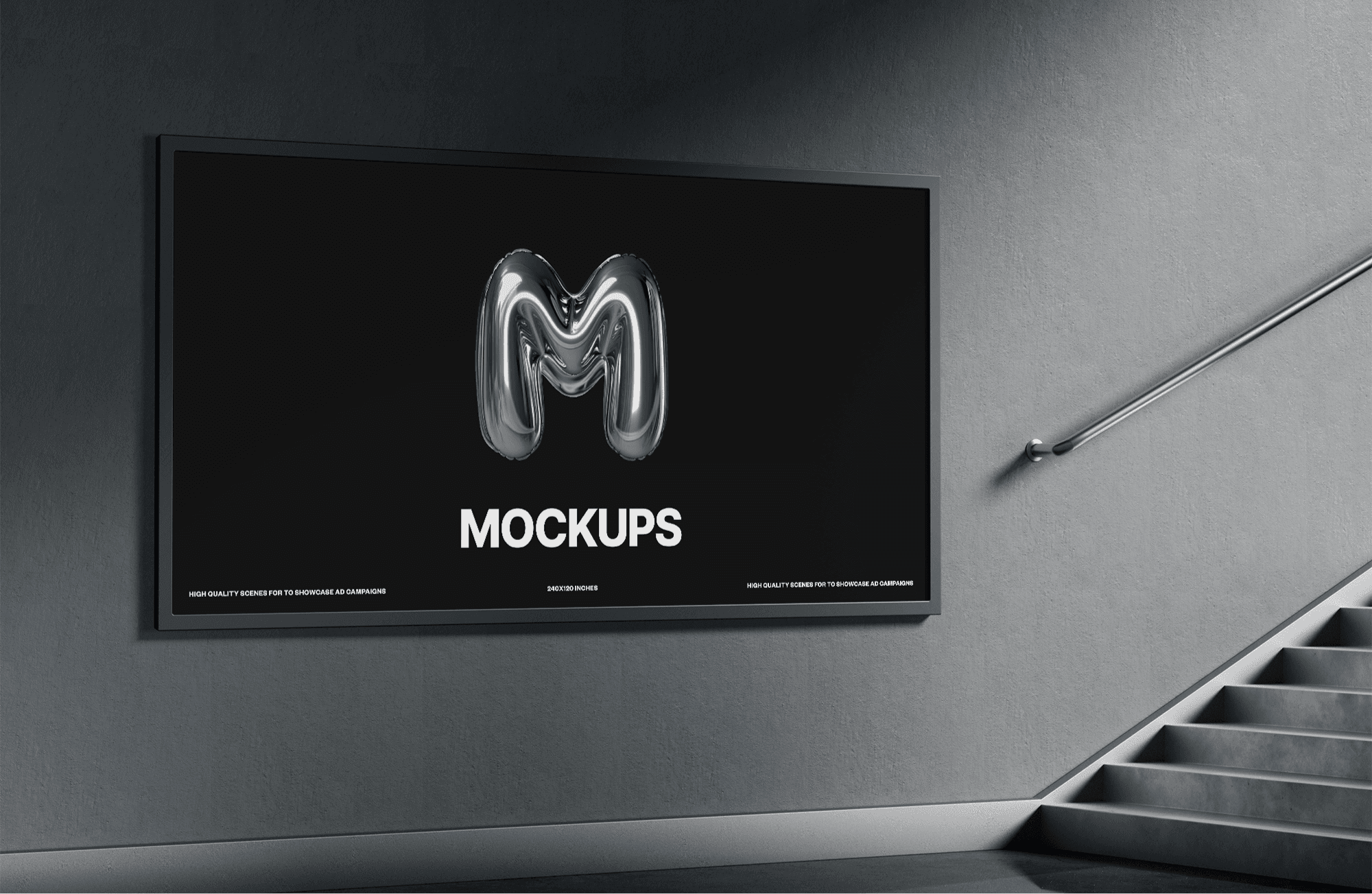 Free widescreen digital billboard mockup mounted on dark interior wall