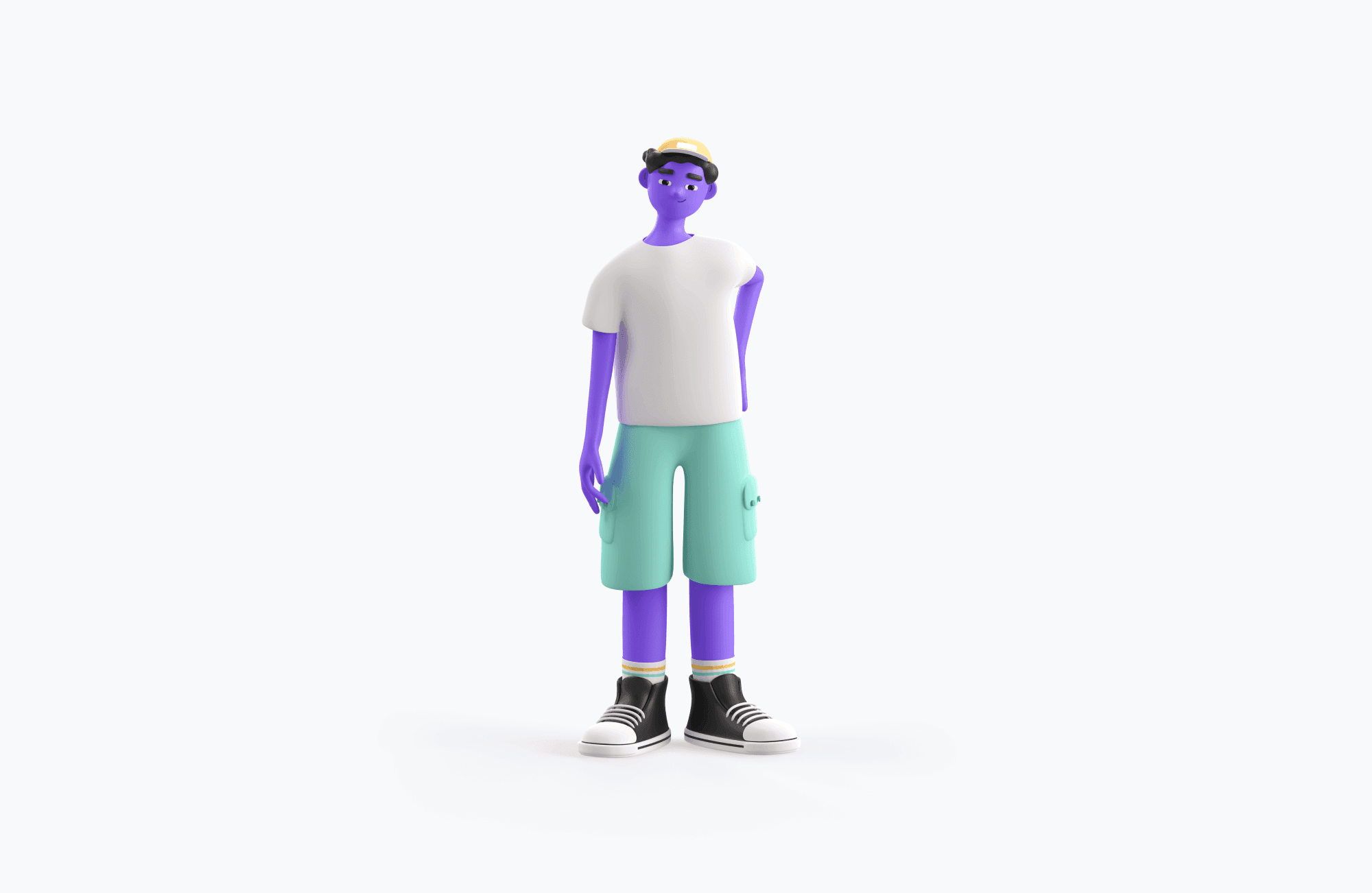 Free 3D male avatar with purple skin, wearing a white t-shirt and mint shorts, isolated on white background