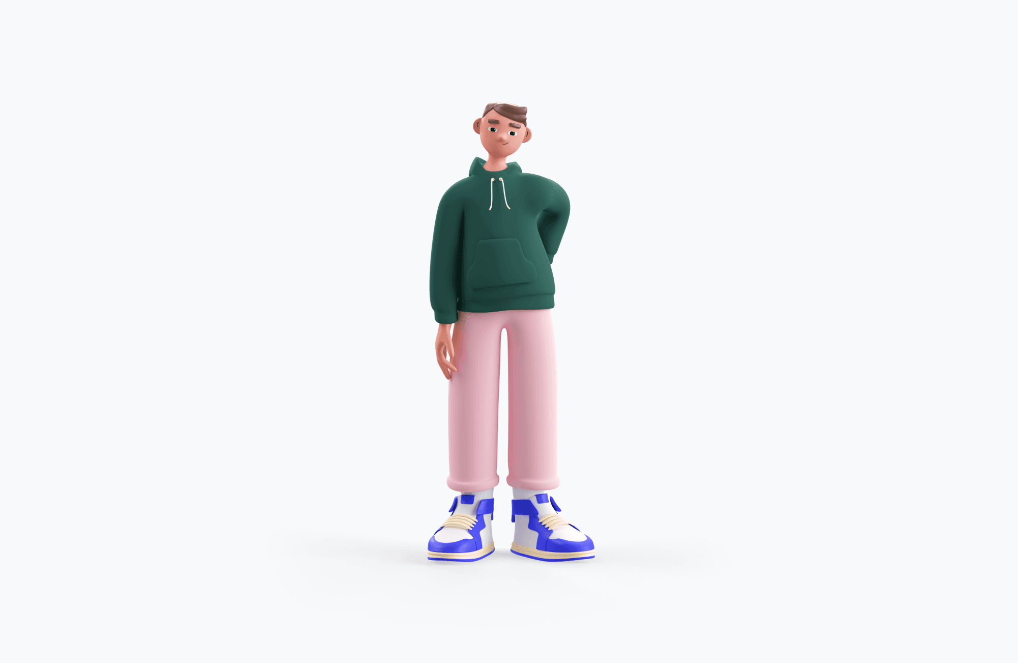 Free 3D avatar wearing green hoodie, pink pants, and sneakers, standing on white background