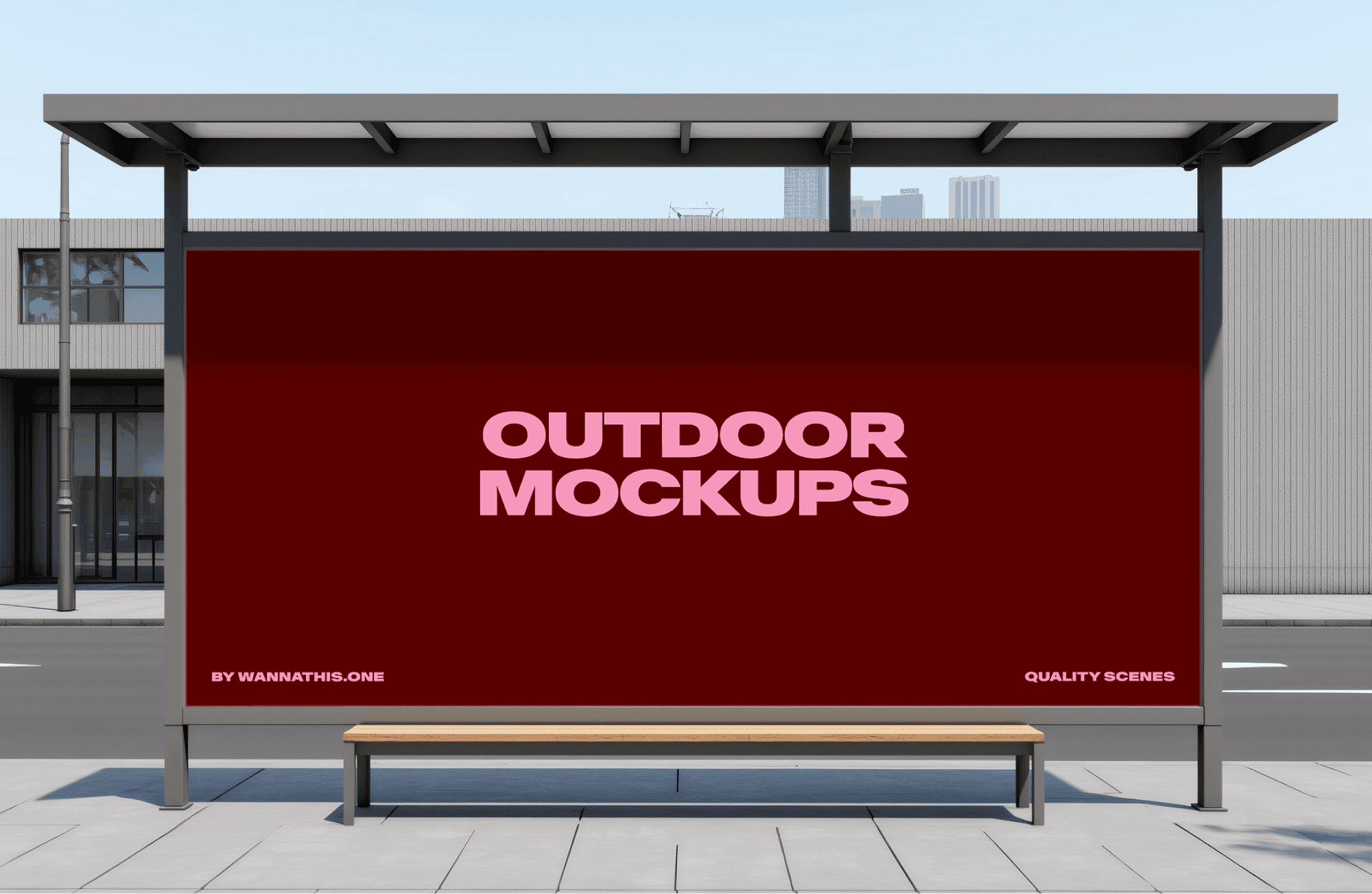 Billboard mockup at a bus stop on a modern city street