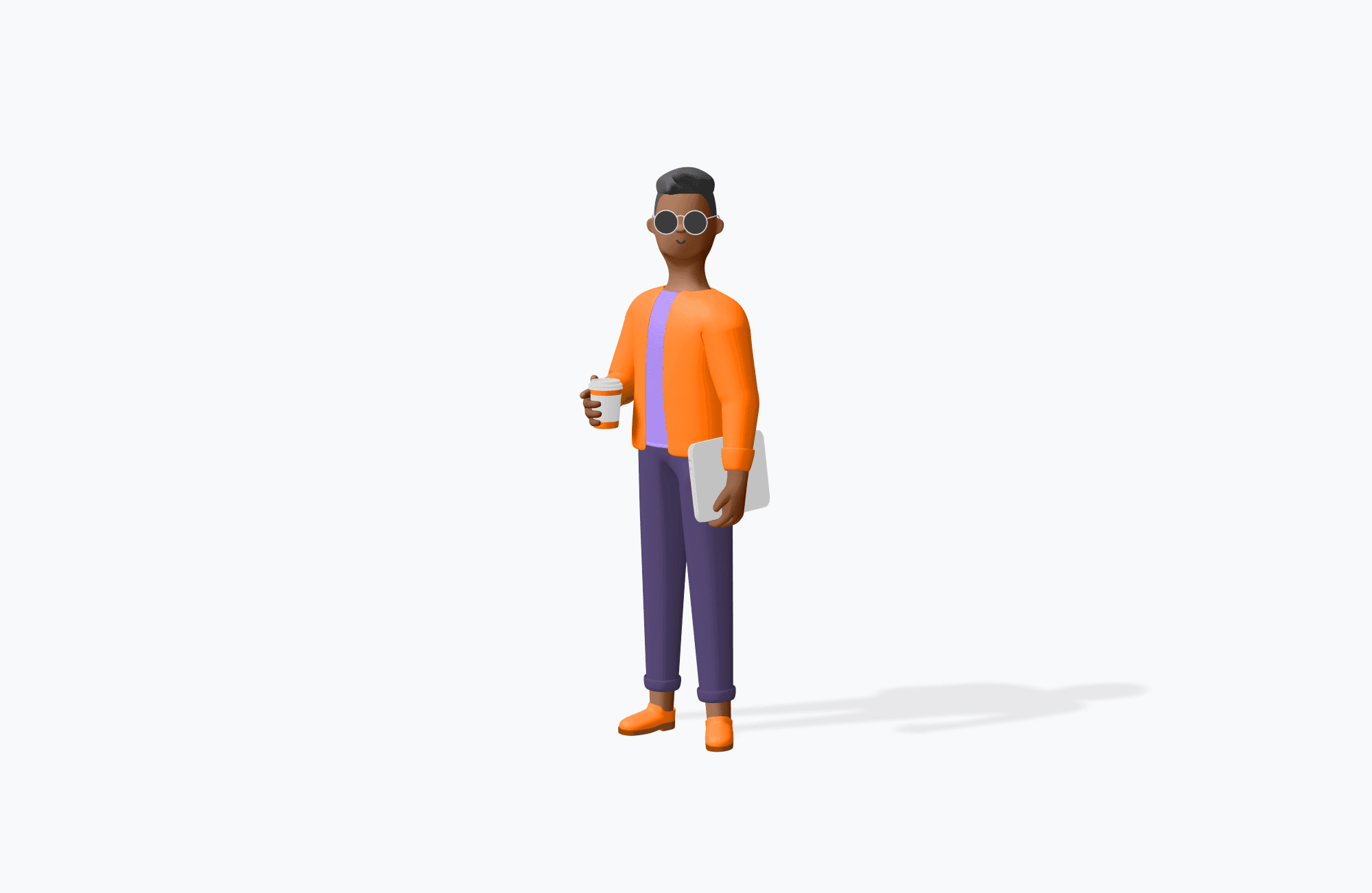 Free 3D character wearing sunglasses and orange jacket, holding a coffee cup and tablet, representing casual tech user