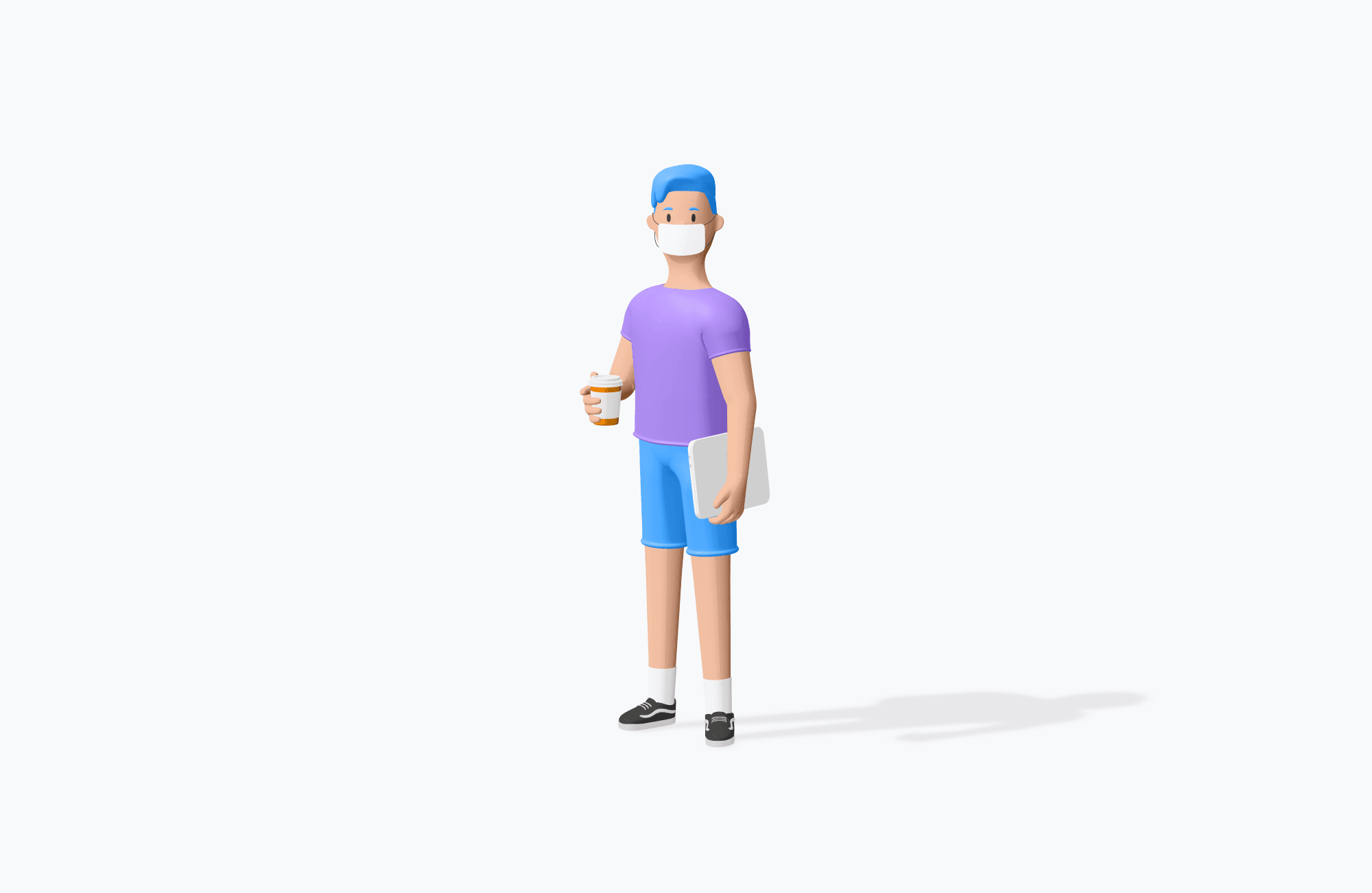 Free 3D male character in a purple shirt and blue shorts with cap, holding coffee and tablet, isolated on white background