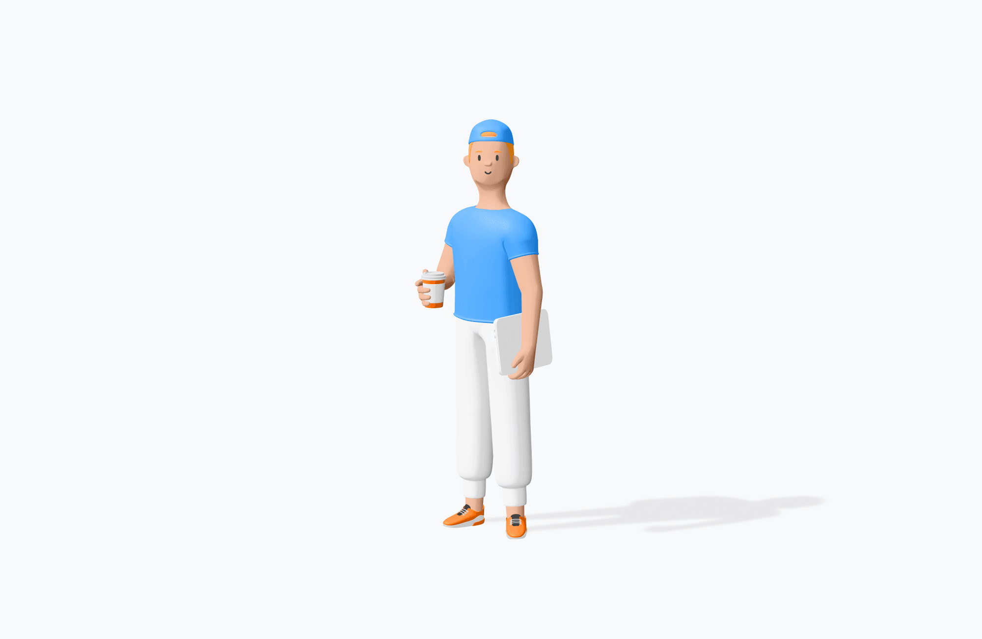 Free 3D illustration of a man in a blue cap and shirt with white pants, holding a coffee cup and tablet, casual tech user
