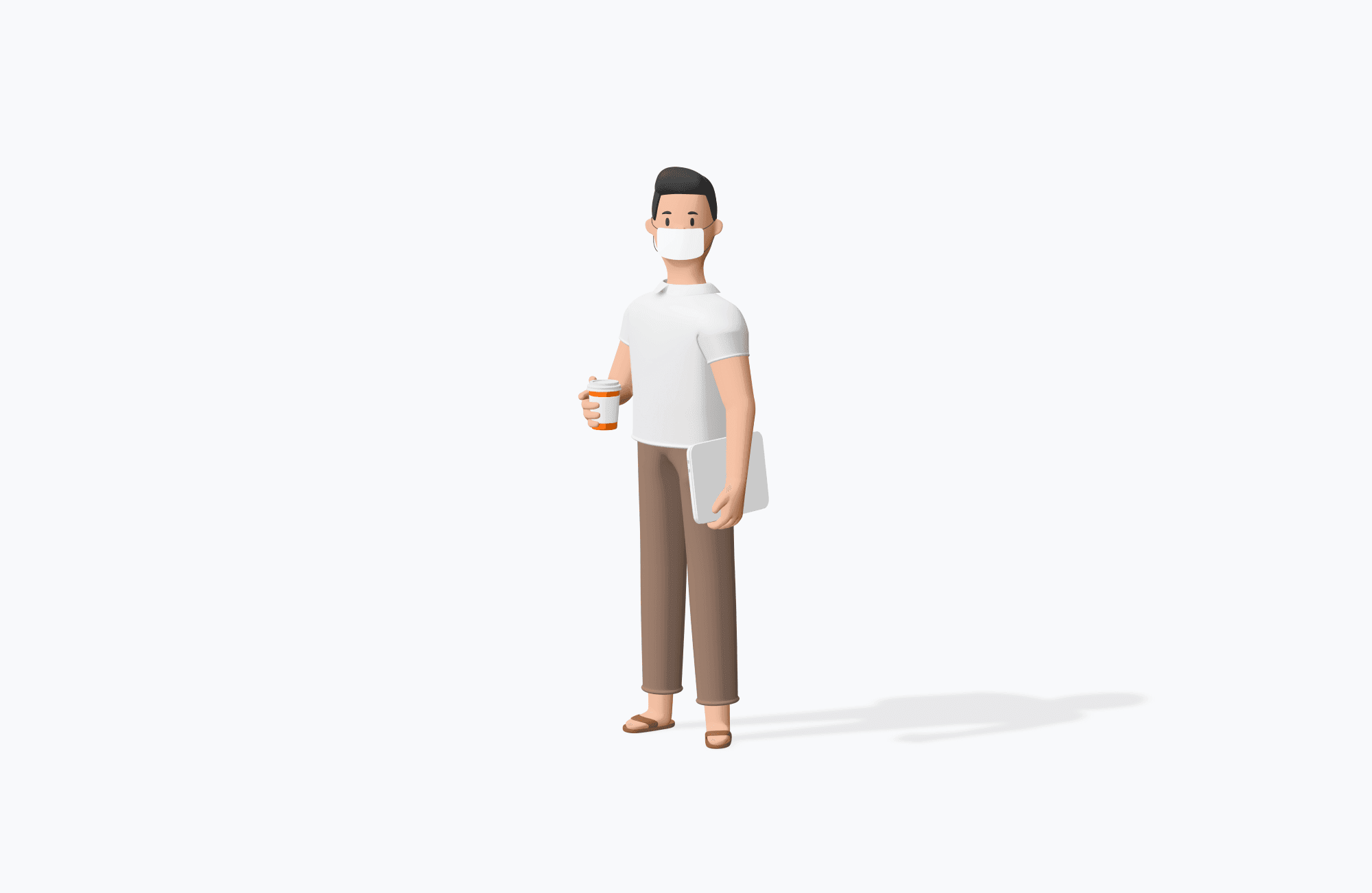 Free 3D illustration of a male character in a white t-shirt and brown pants holding a coffee cup and tablet, isolated on white background