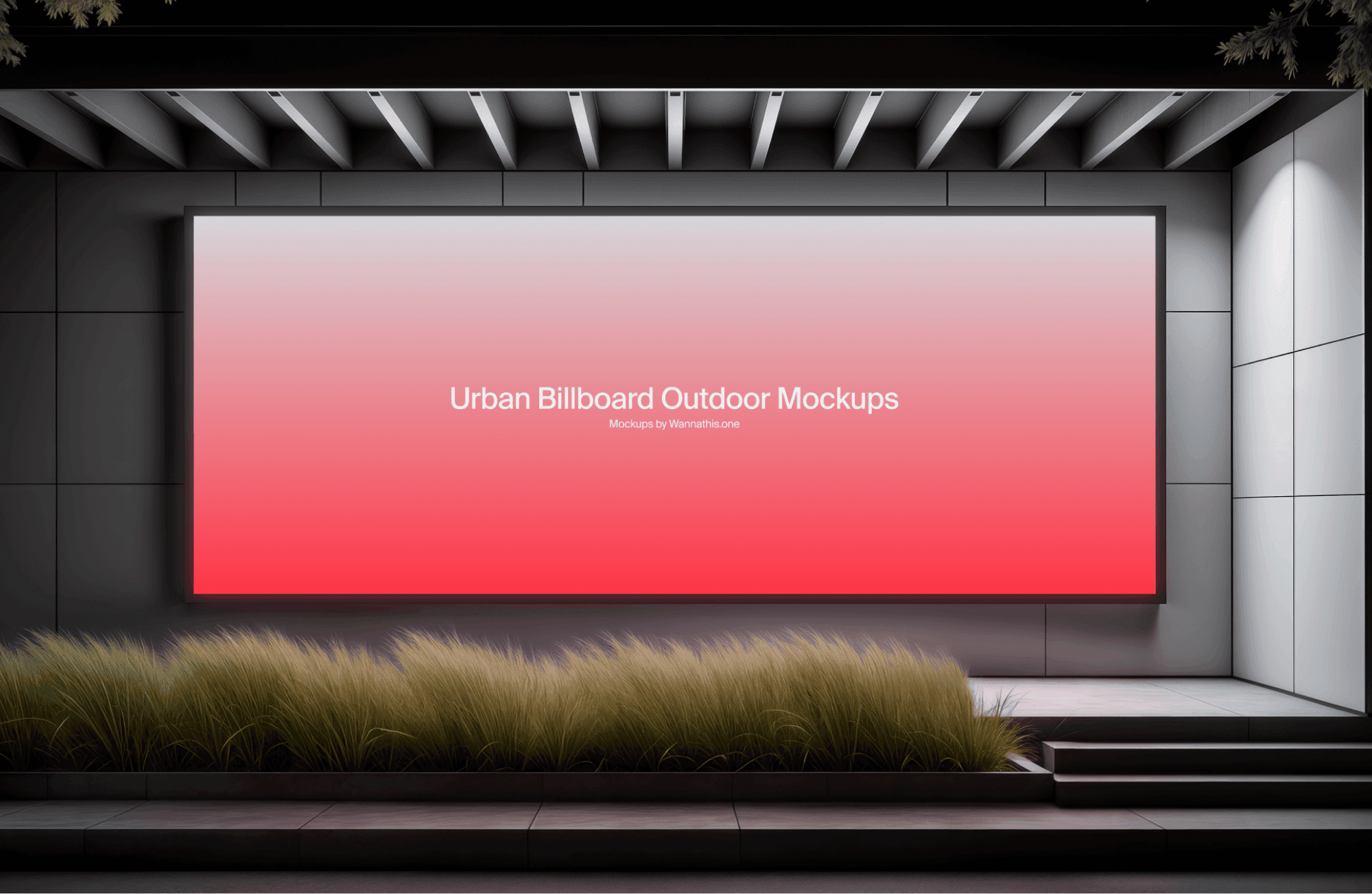 Large urban billboard mockup with glowing red display mounted on a modern city wall with plants in front