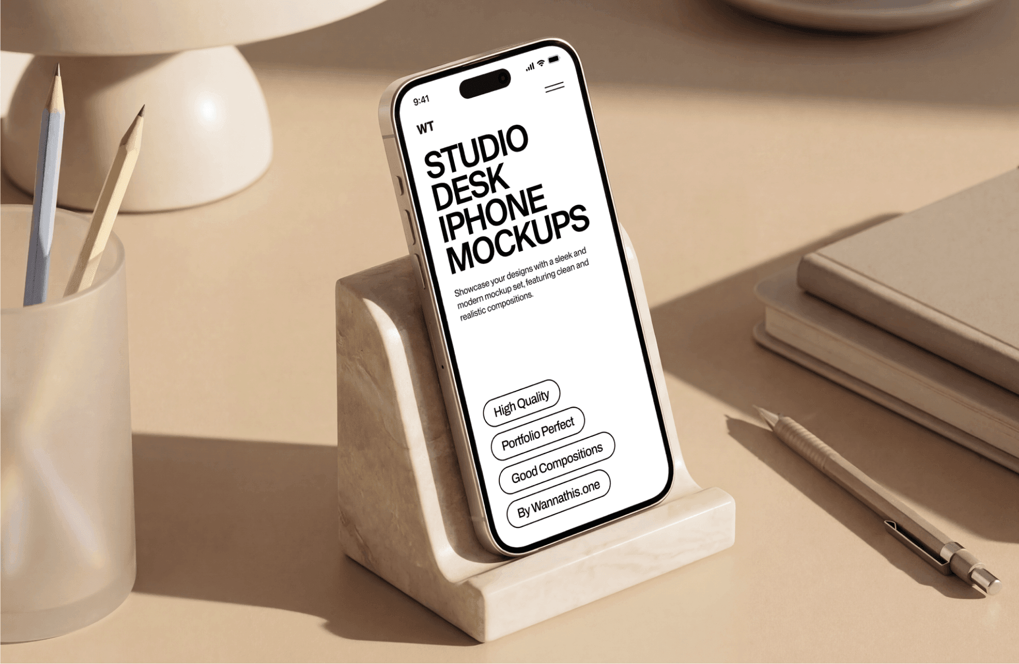 iPhone mockup standing on desk with minimal workspace setup and soft lighting
