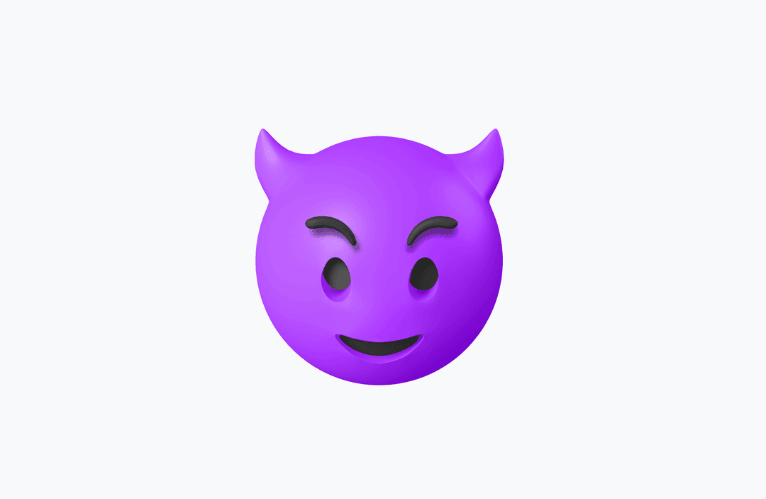 Free 3D emoji of a smiling purple devil face with horns, representing mischief or playful evil expression