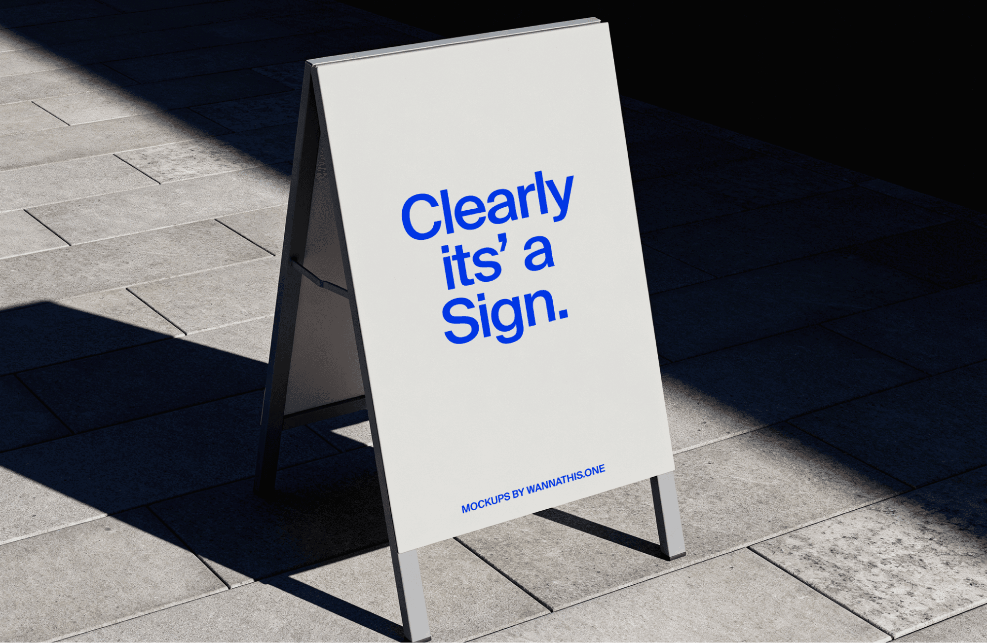 Outdoor A-frame sidewalk sign mockup on tiled pavement with realistic shadows