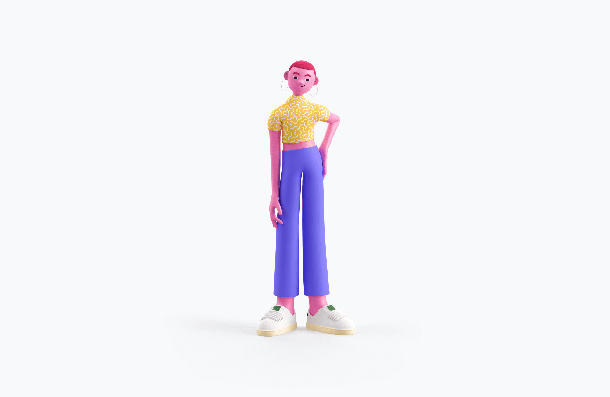 Free 3D female character with short pink hair in yellow top and blue pants, standing on light background