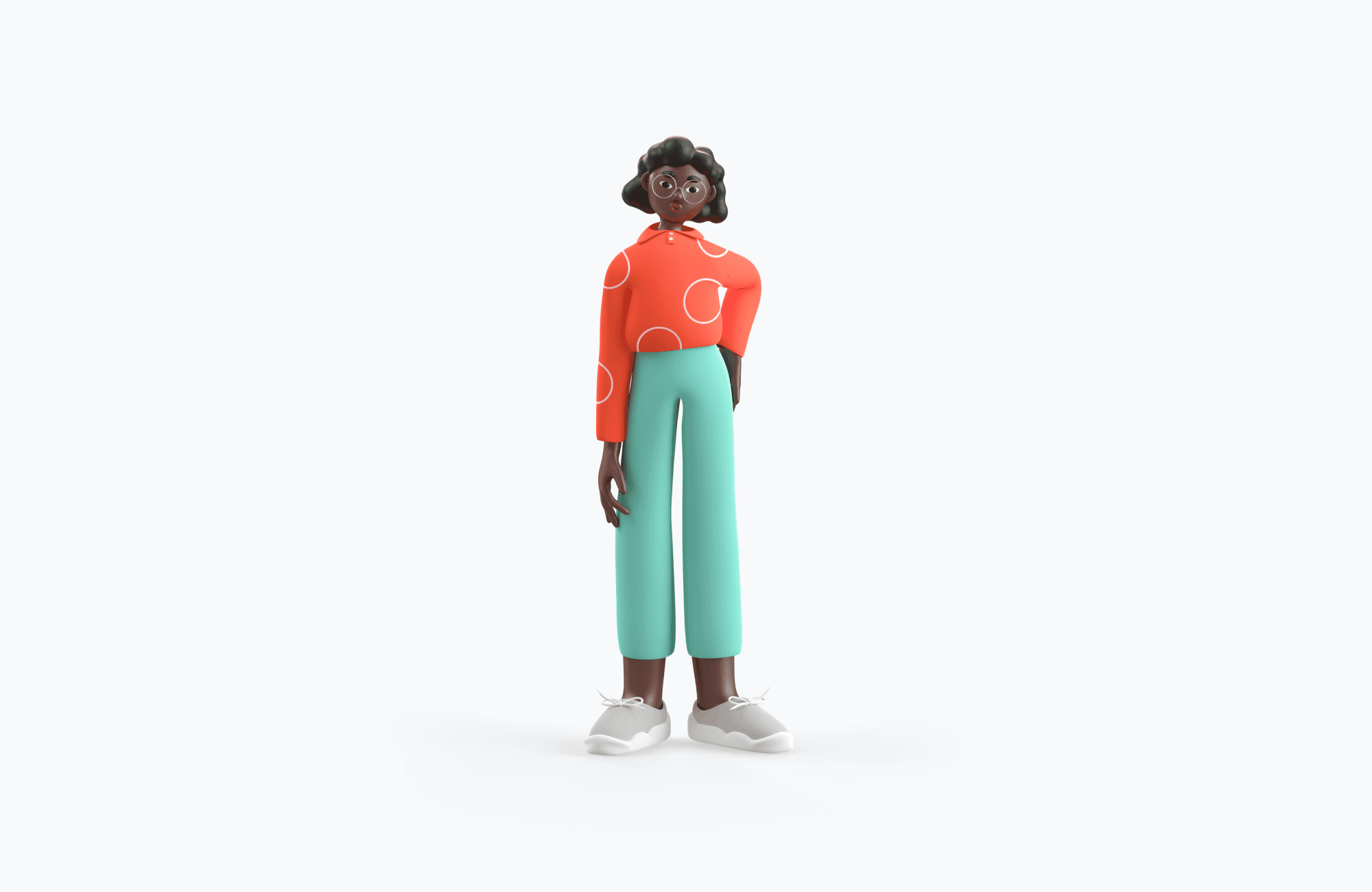Free 3D cartoon-style character with curly hair, red shirt, and teal pants, isolated on white background