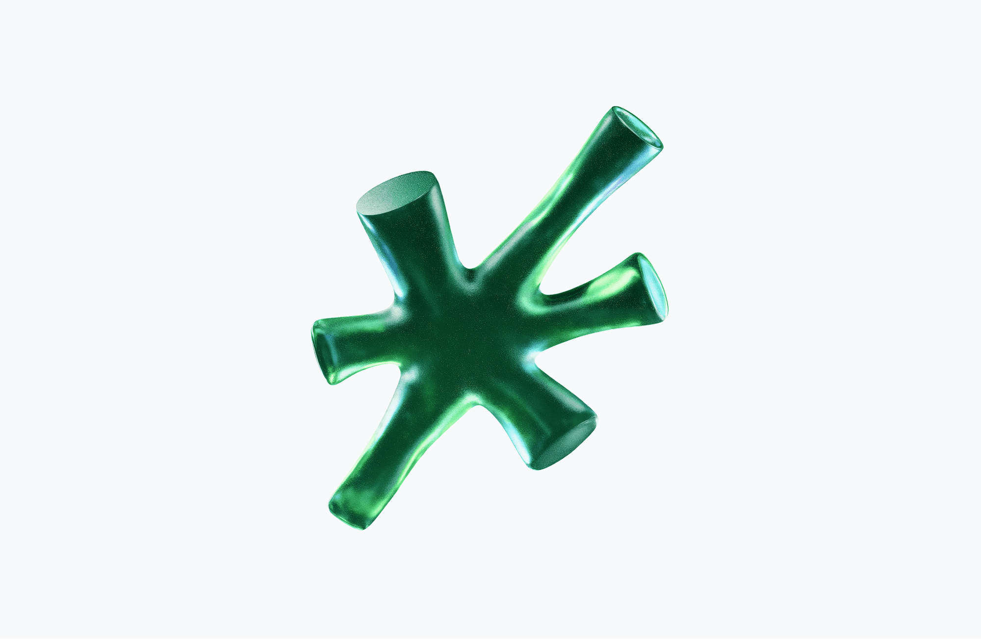 Glossy green organic 3D shape with irregular branching form on white background