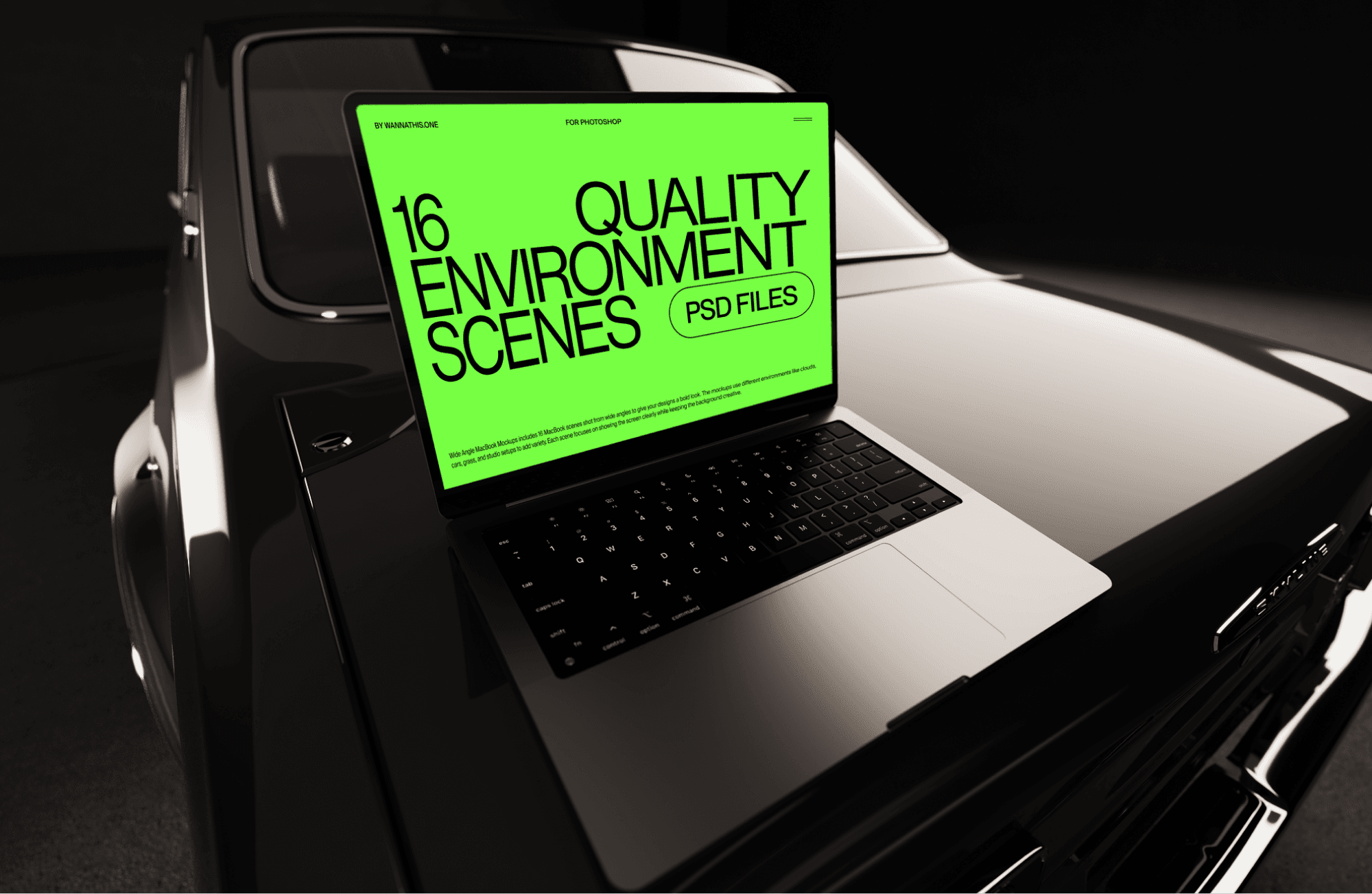 Free MacBook mockup placed on car surface with vivid screen