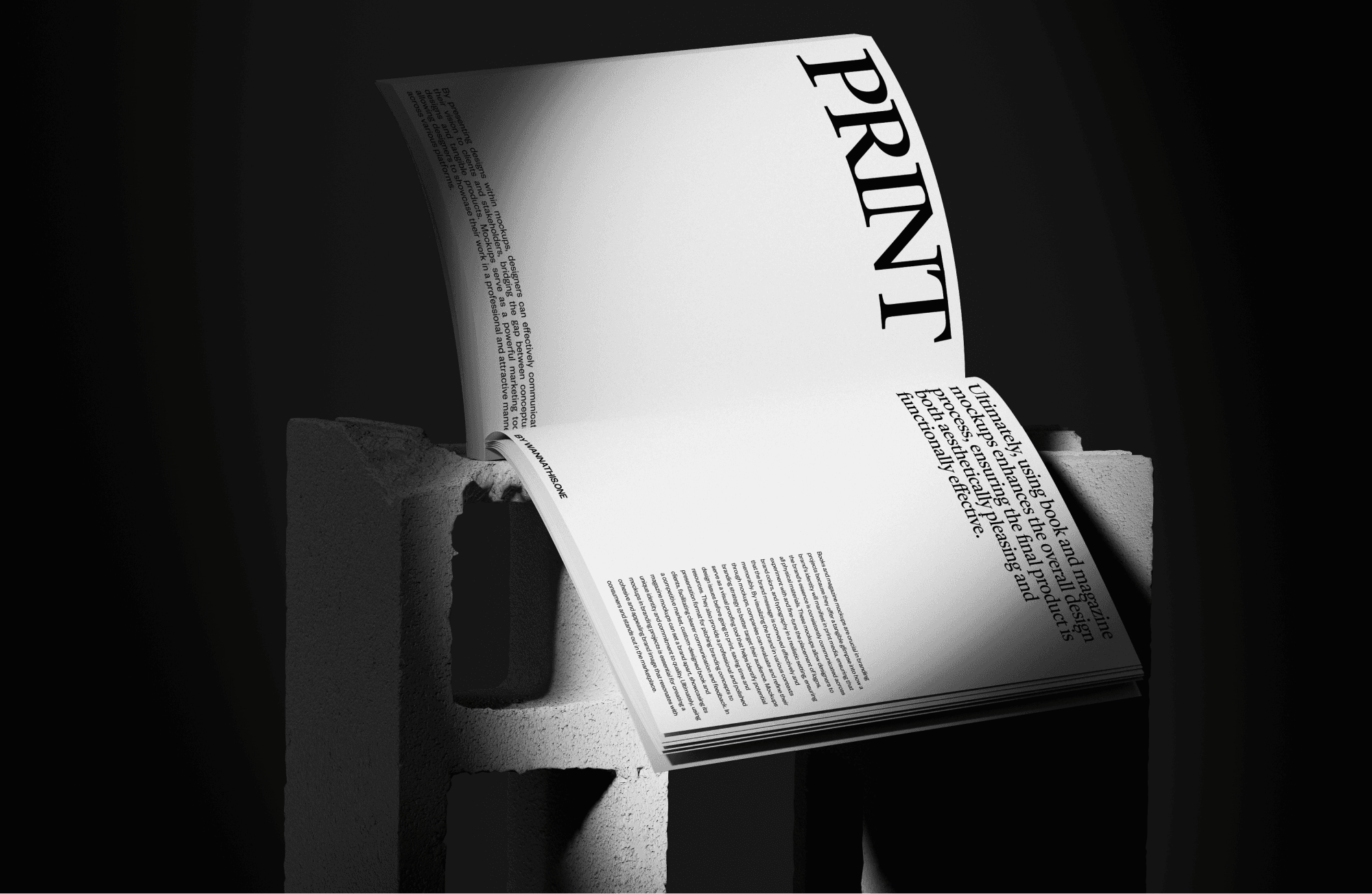Free minimalist print magazine mockup with editorial-style layout, open on textured black and white geometric display