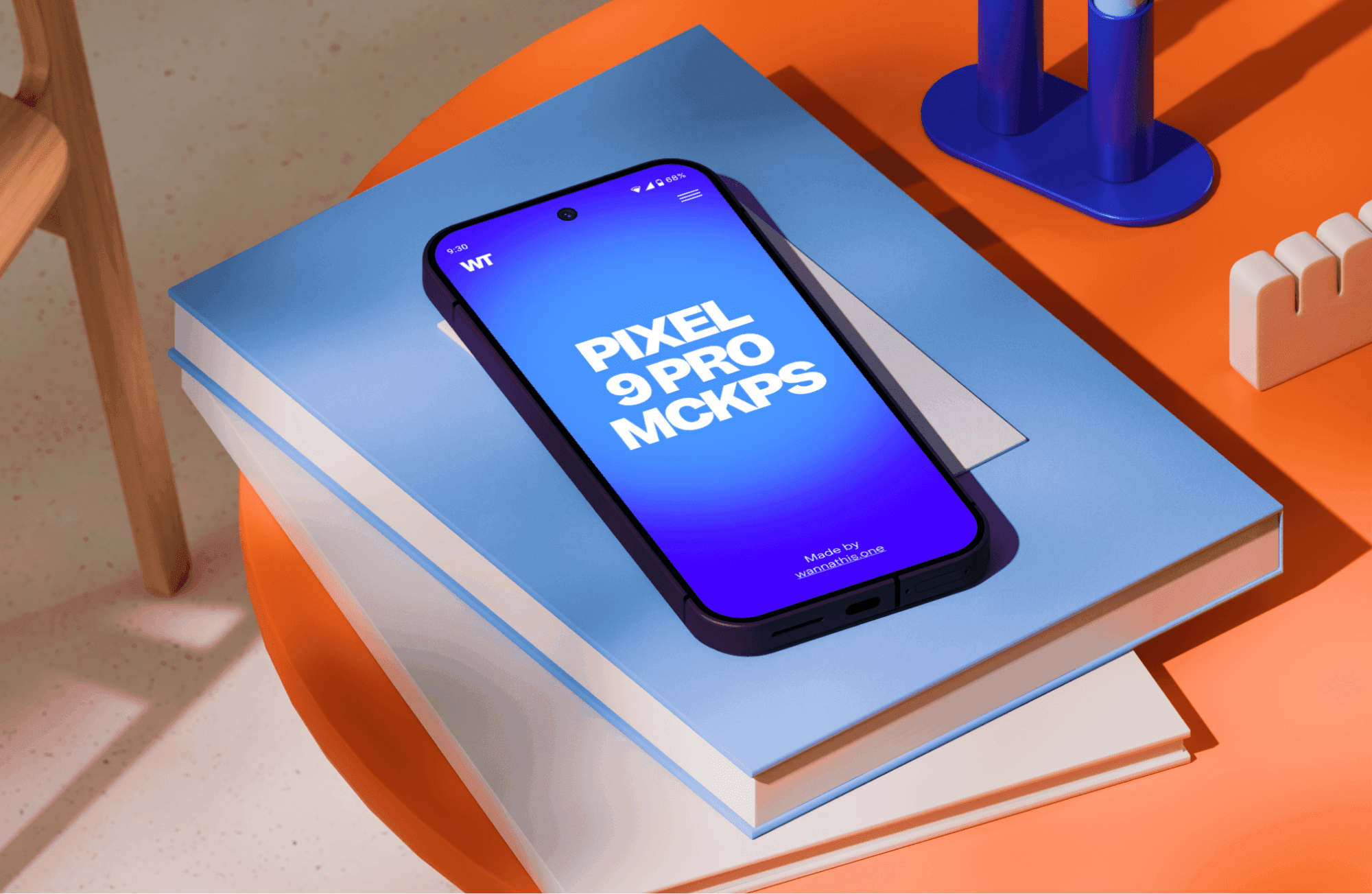 Free realistic Google Pixel 9 Pro mockup lying on colorful stacked books