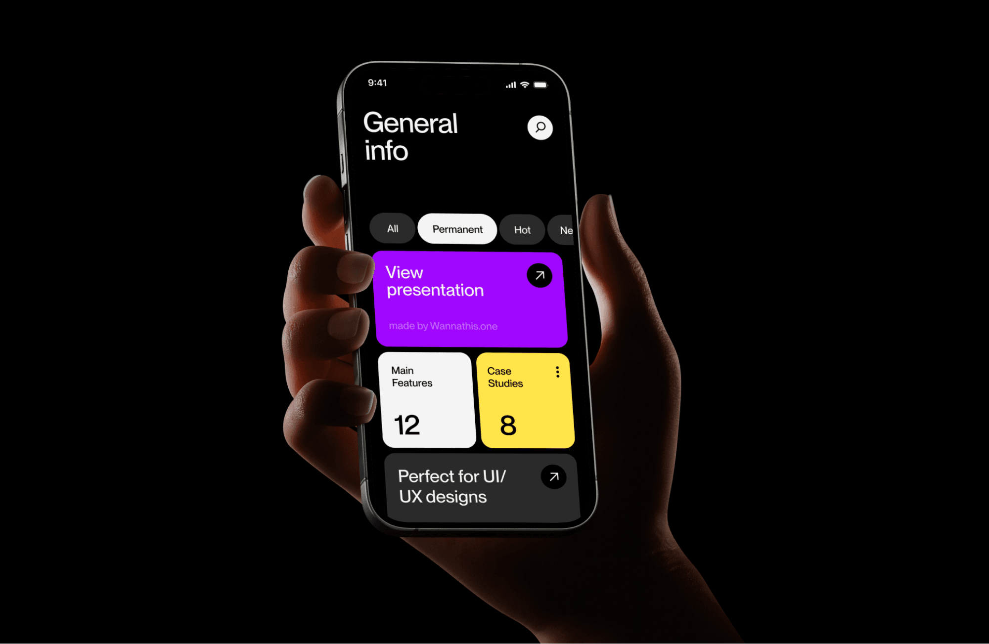 Free realistic hand holding a smartphone mockup with a modern UI a black background