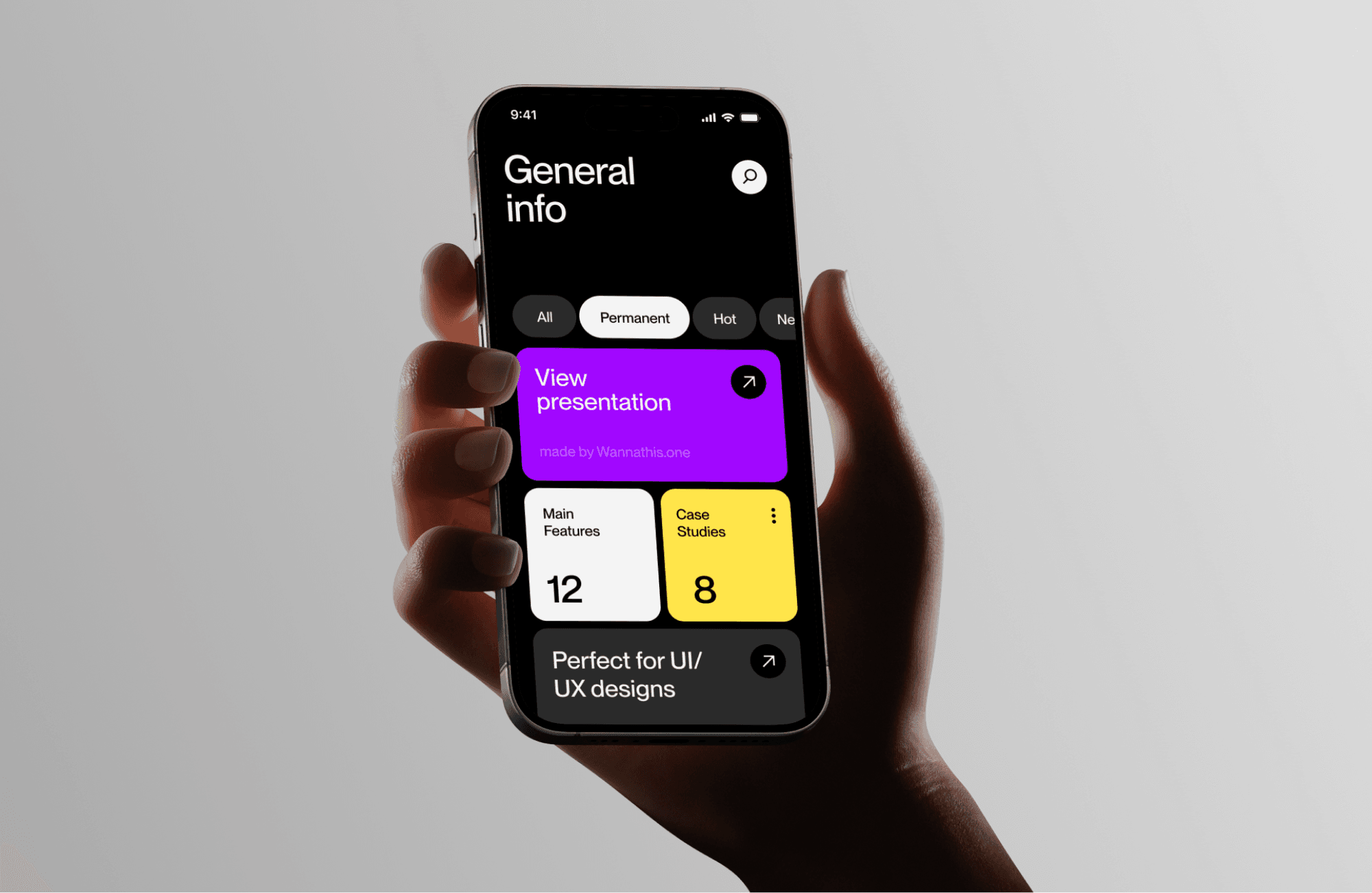 Free realistic hand holding a smartphone mockup with a modern UI on a light grey background