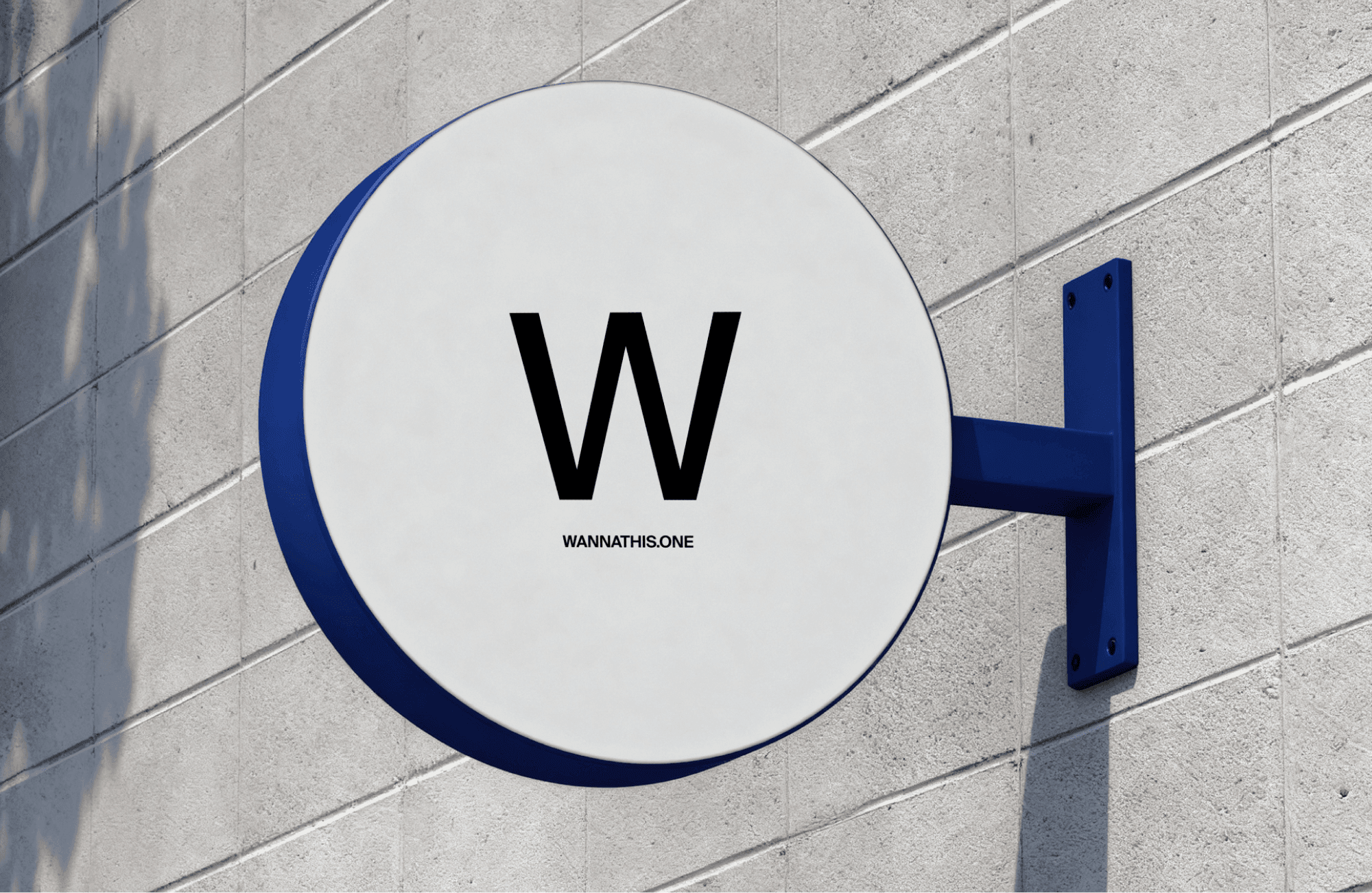 Round wall mounted shop sign mockup on concrete wall with side bracket